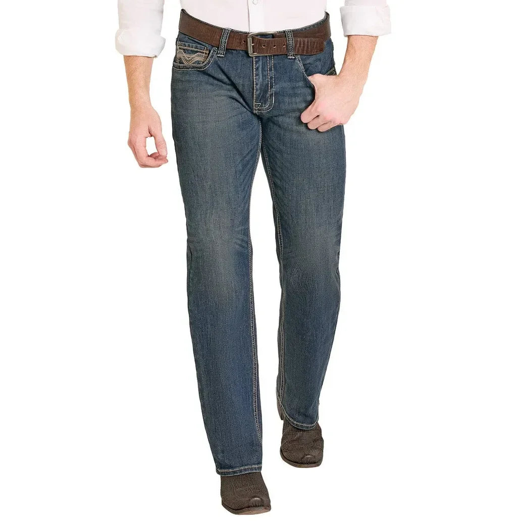 Men's Rock and Roll Denim Ladder Stitch Embroidered Pistol Straight Leg Jeans BM1PD08017
