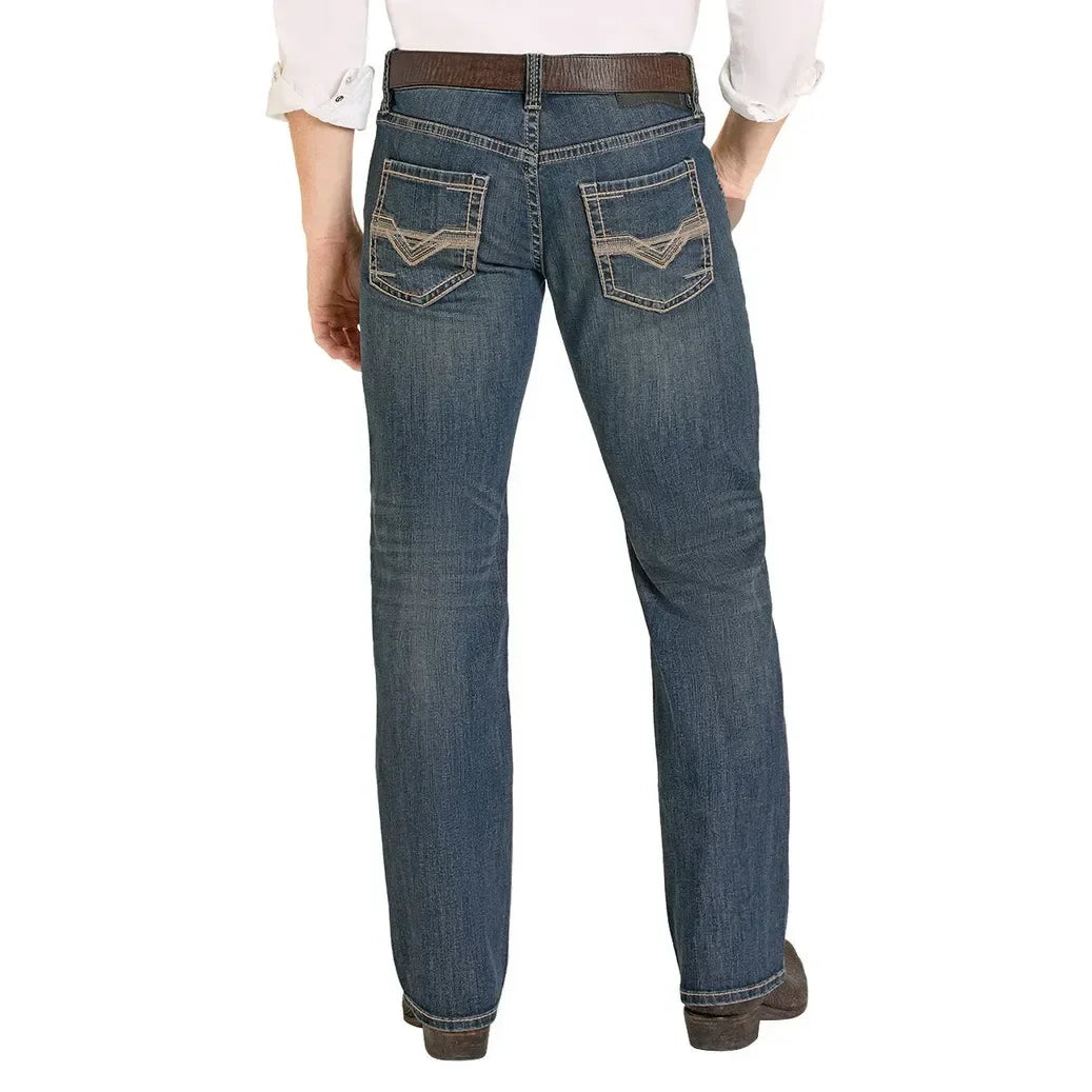 Men's Rock and Roll Denim Ladder Stitch Embroidered Pistol Straight Leg Jeans BM1PD08017