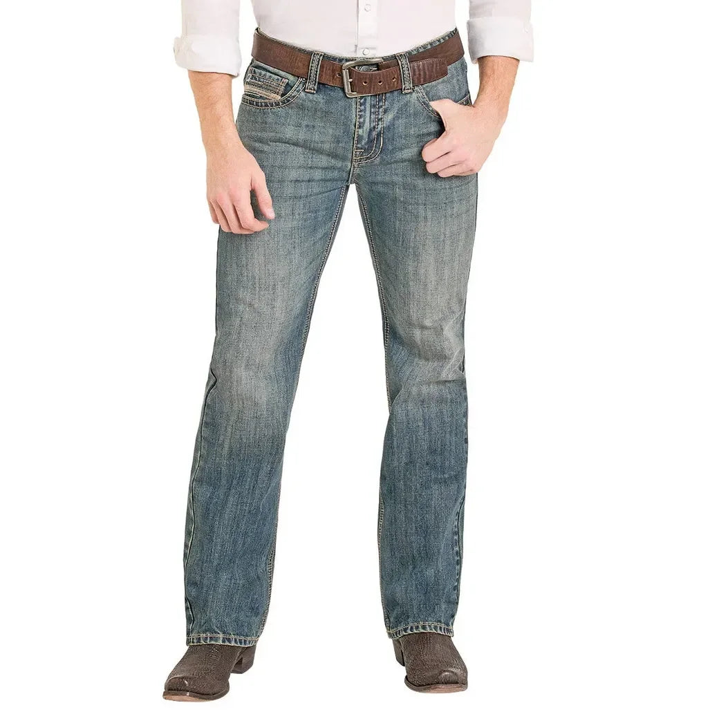 Men's Rock and Roll Denim Medium Wash Pistol Straight Denim Jeans BM1PD08012