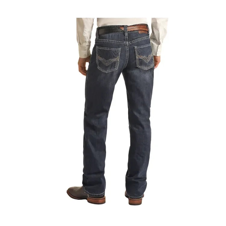 Men's Rock and Roll Denim Raised Denim Embroidered Relaxed Straight Boot Jeans BM0SD03650 - Crazy House Western Wear