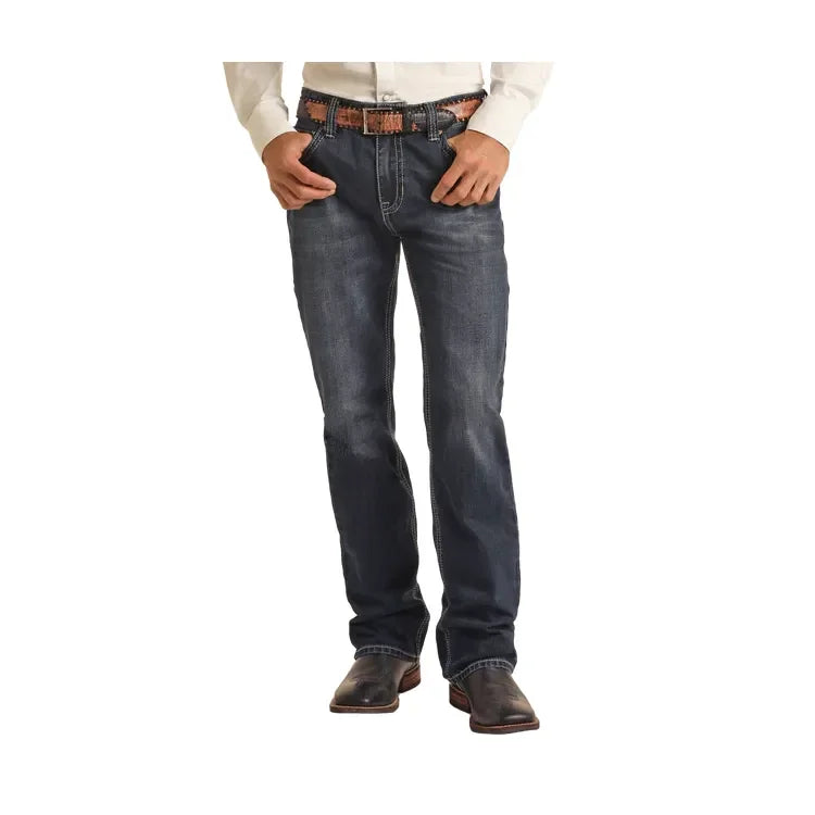 Men's Rock and Roll Denim Raised Denim Embroidered Relaxed Straight Boot Jeans BM0SD03650 - Crazy House Western Wear