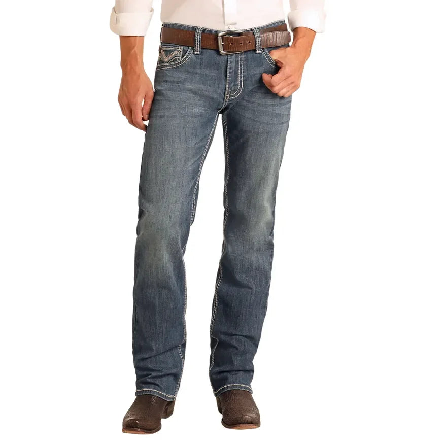 Men's Rock and Roll Denim Regular Fit Rope Stitch Straight Leg Jeans BM1PD06131 - Crazy House Western Wear