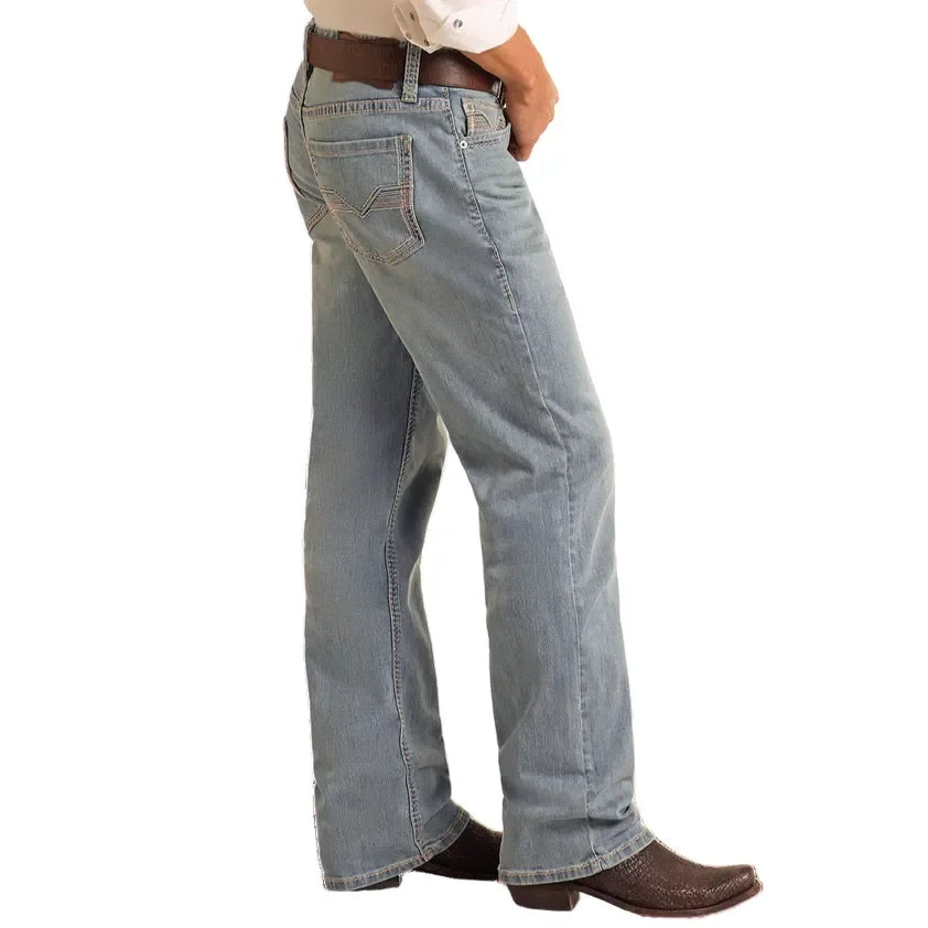 Men's Rock and Roll Denim Relaxed Fit Embroidery Straight Leg Jeans BM0SD06125