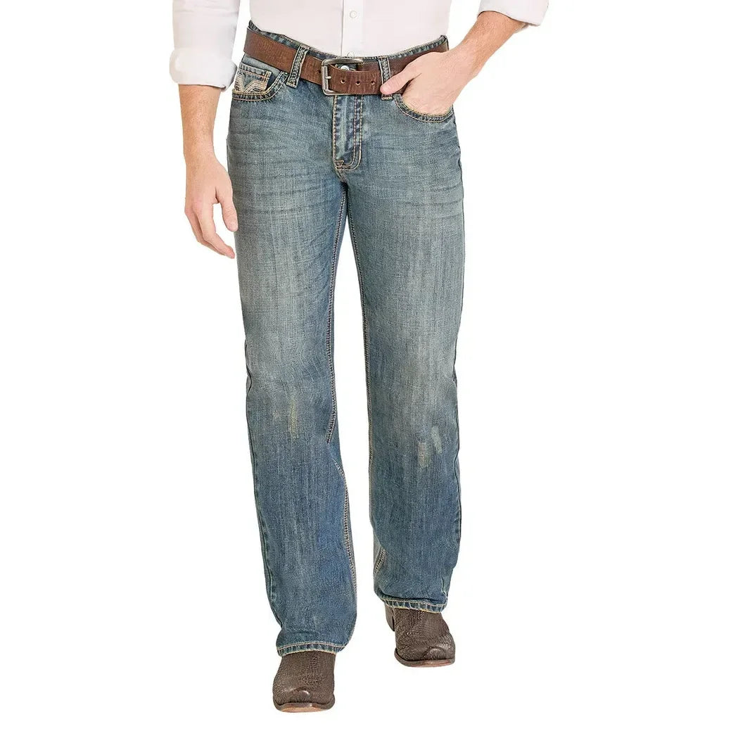 Men's Rock and Roll Denim Rope Stitch Embroidered Double Barrel Straight Jeans BM0SD08004