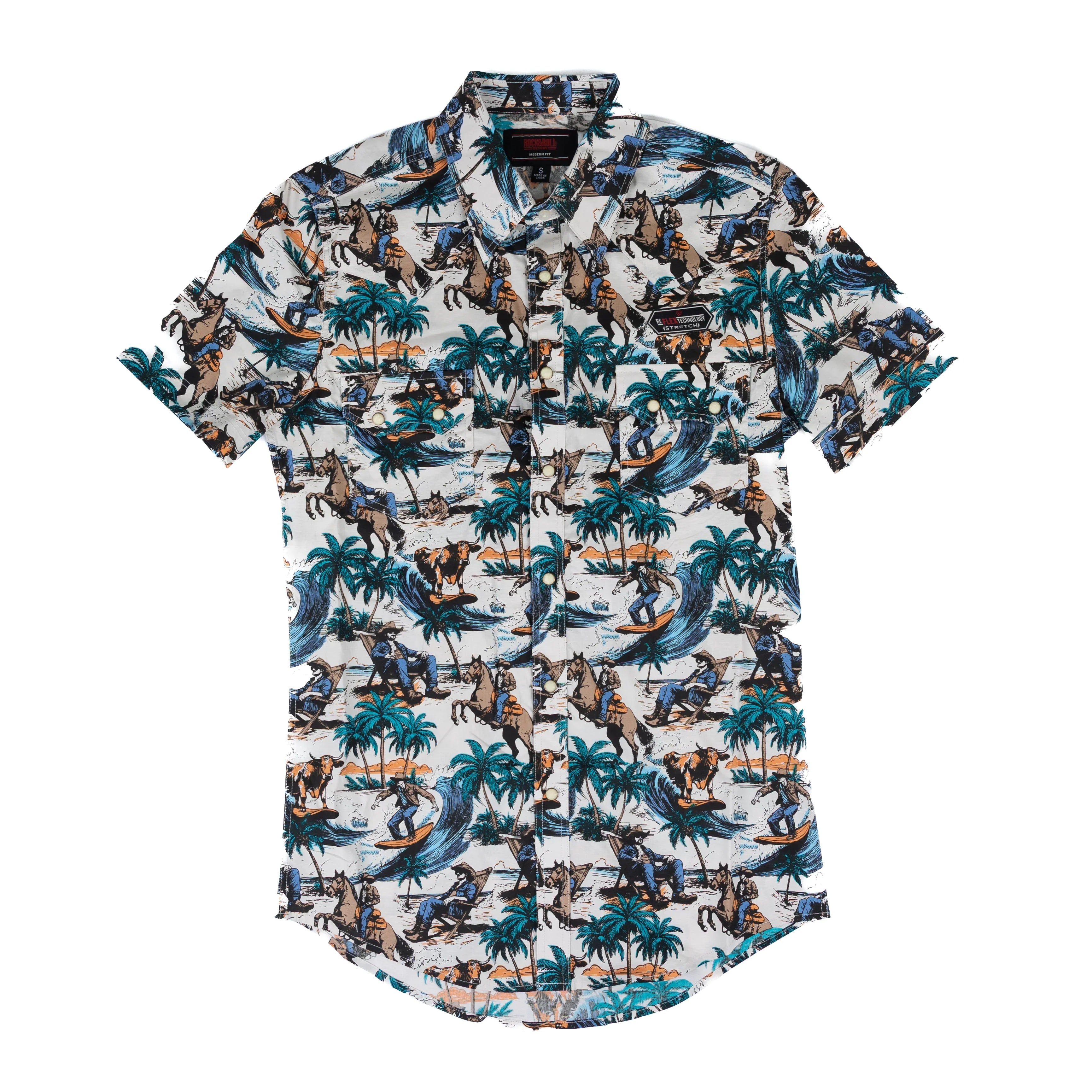 Men's Rock and Roll Denim Short Sleeve Novelty Printed Snap Shirt BMN3S08323