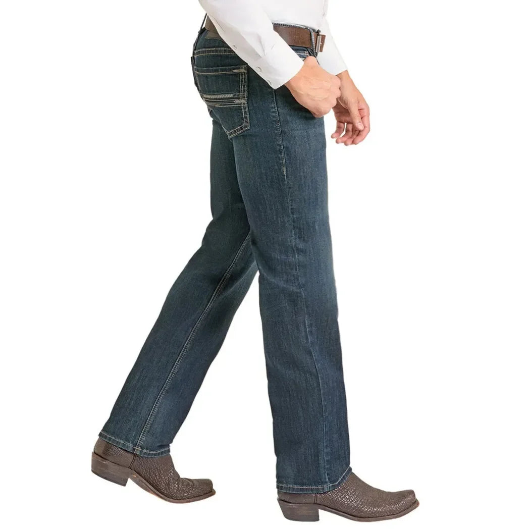 Men's Rock and Roll Denim Straight Pleather Embroidered Revolver Jeans BM1RD07367