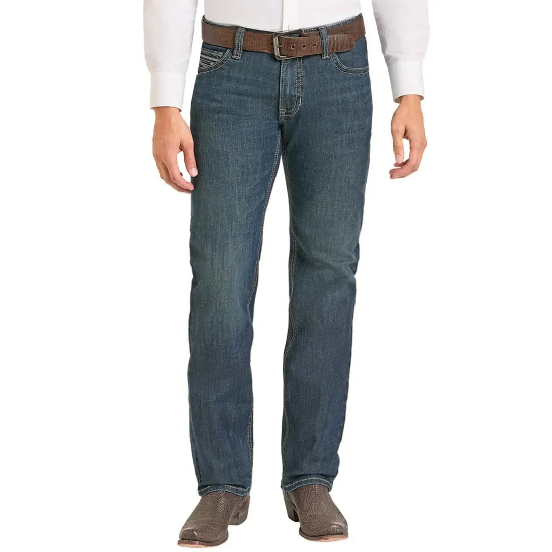 Men's Rock and Roll Denim Straight Pleather Embroidered Revolver Jeans BM1RD07367