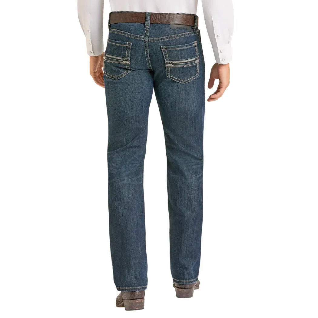 Men's Rock and Roll Denim Straight Pleather Embroidered Revolver Jeans BM1RD07367