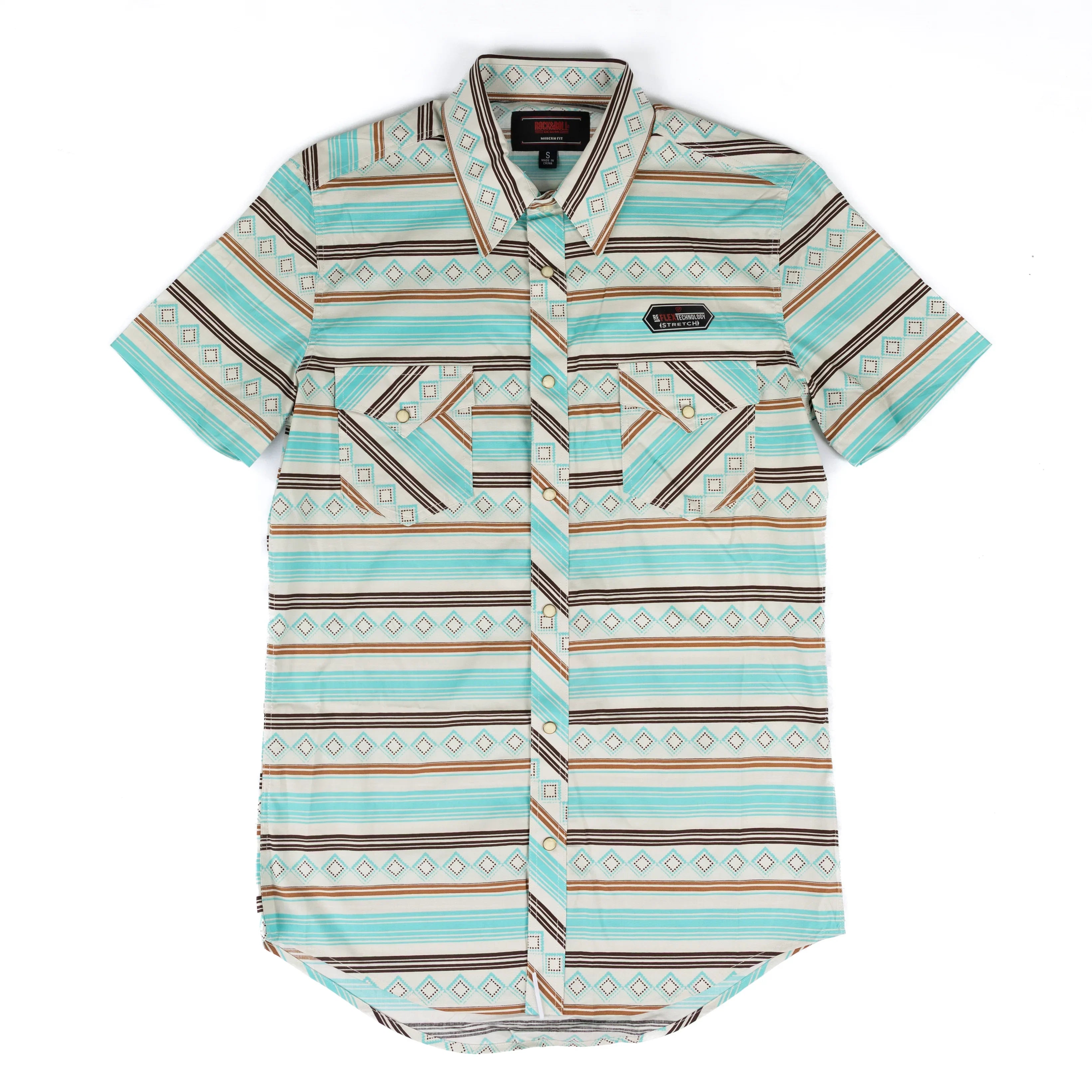 Men's Rock and Roll Denim Teal Stripe Printed Short Sleeve Snap Shirt BMN3S08654