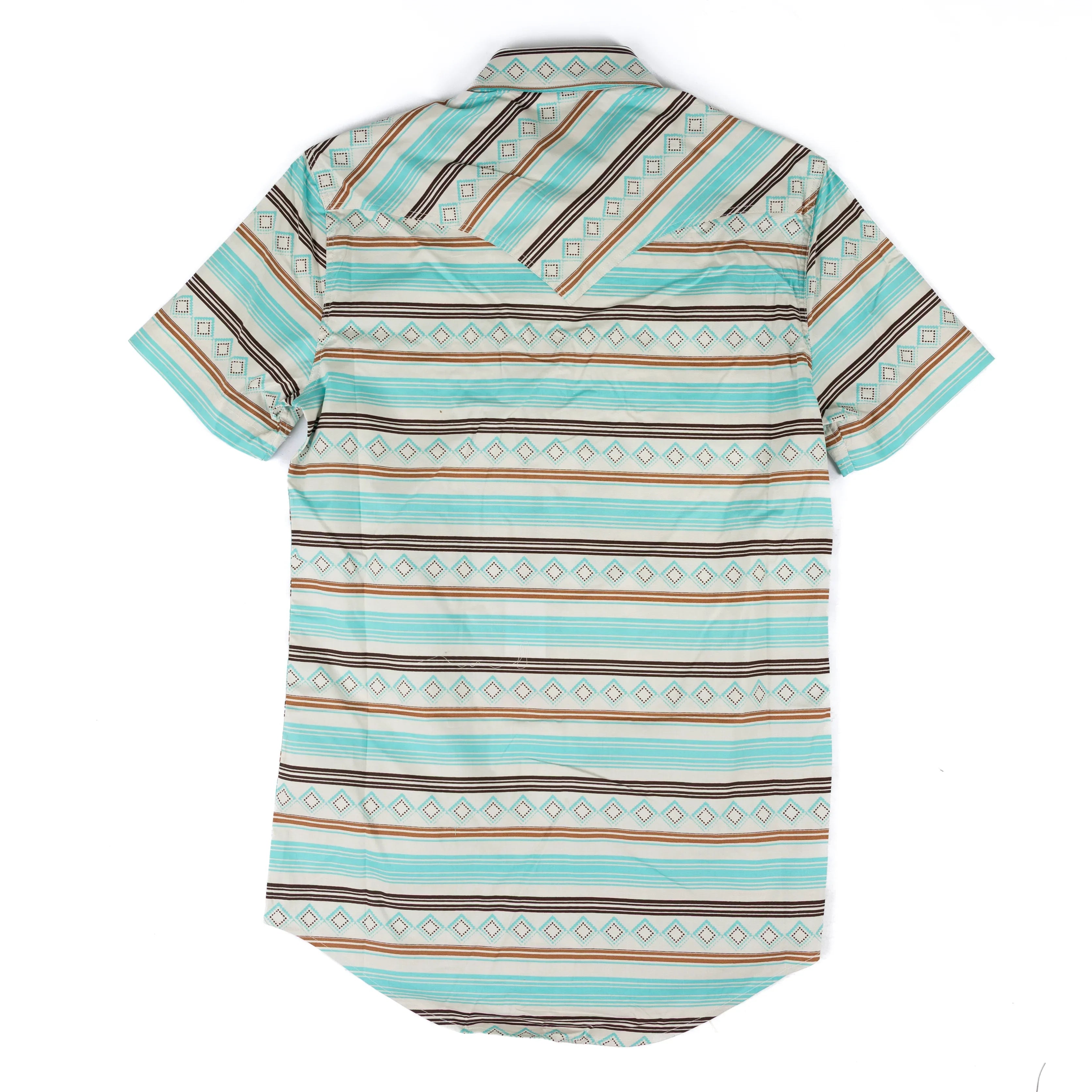 Men's Rock and Roll Denim Teal Stripe Printed Short Sleeve Snap Shirt BMN3S08654