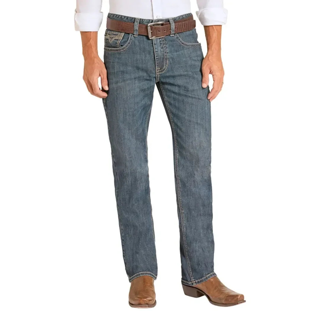 Men's Rock and Roll High Rise Relaxed Fit Two Tone Stitch Tapered Bootcut Jeans BMHBD09109