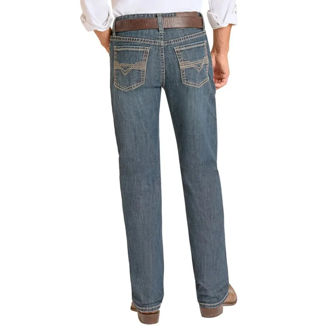 Men's Rock and Roll High Rise Relaxed Fit Two Tone Stitch Tapered Bootcut Jeans BMHBD09109