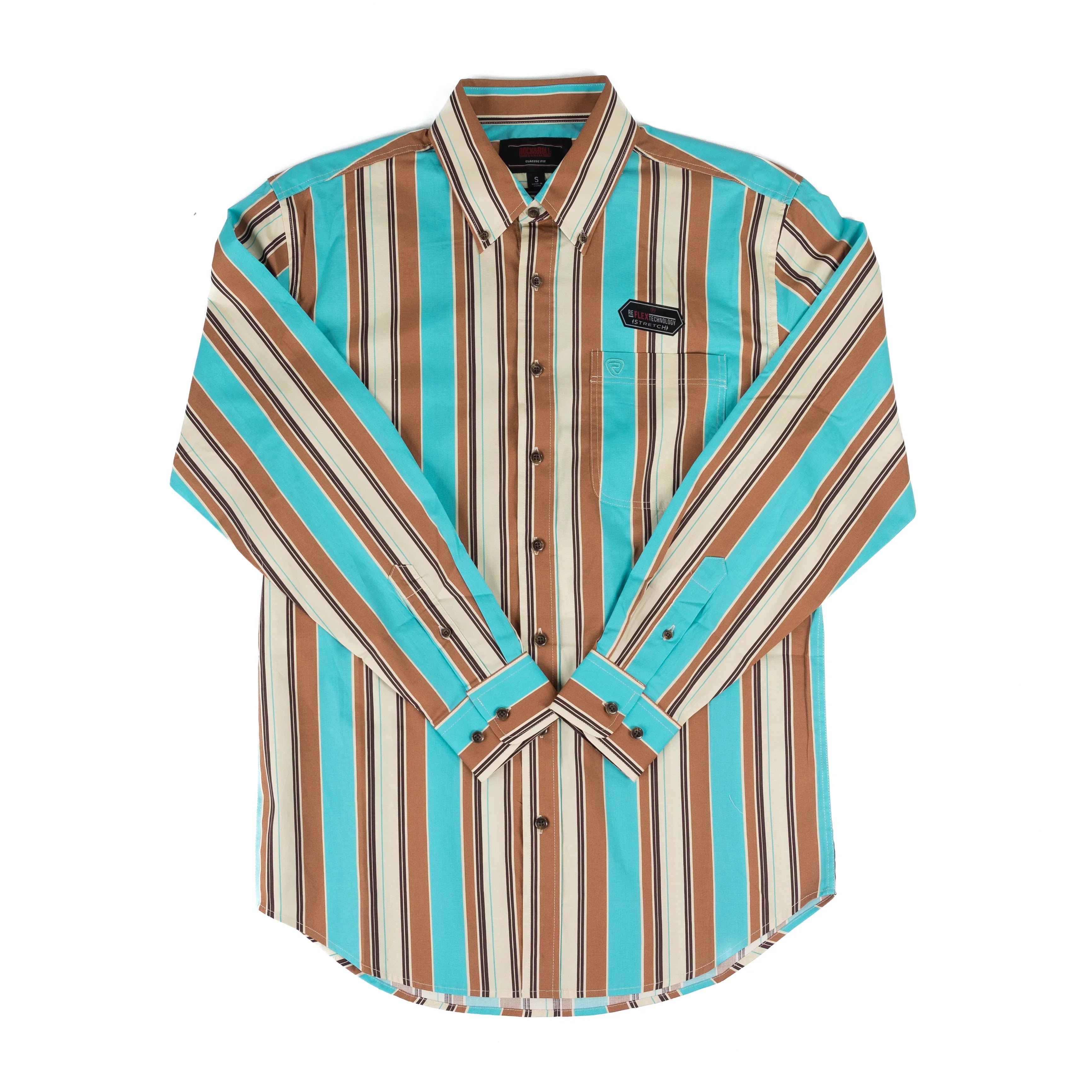 Men's Rock and Roll Long Sleeve Turquoise and Brown Striped Printed Button Up BMB2S08652