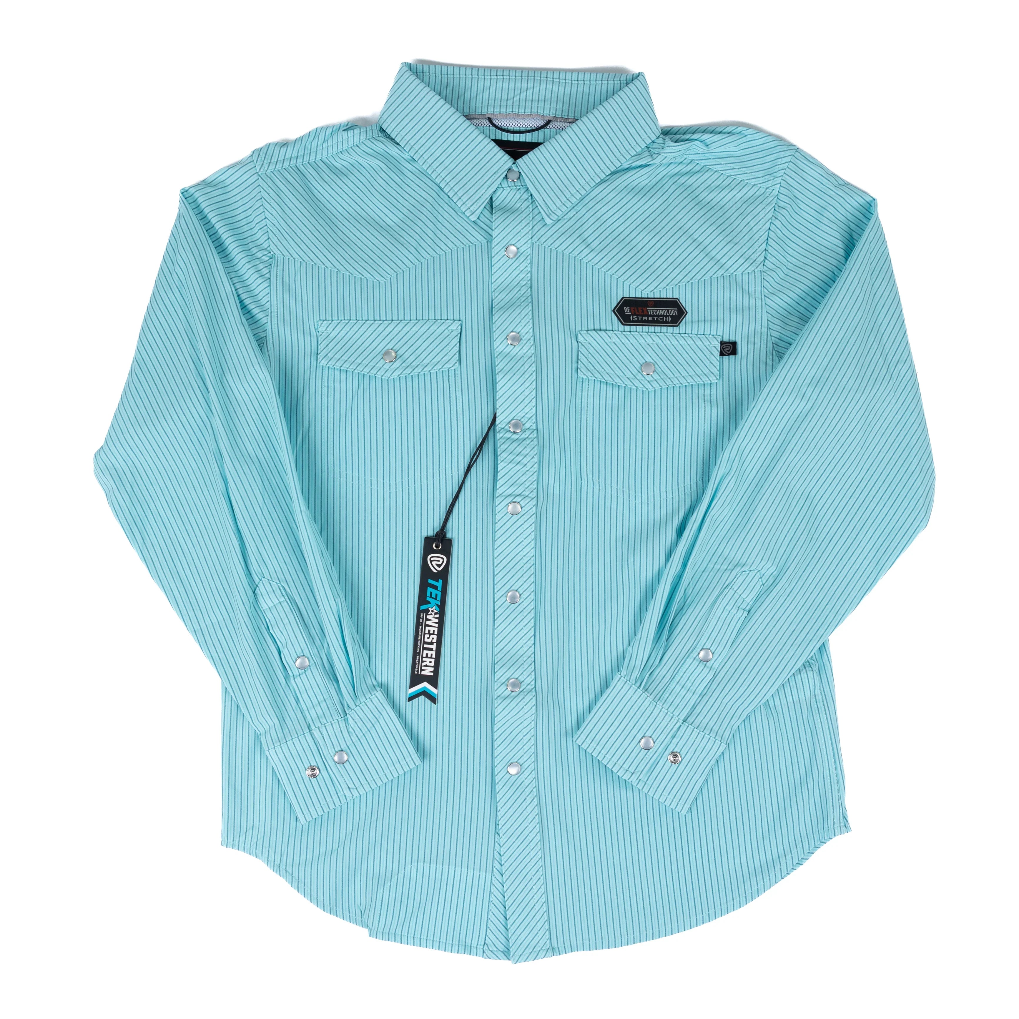 Men's Rock and Roll Long Sleeve Turquoise Striped Tek Core Snap Shirt BMN2S08378