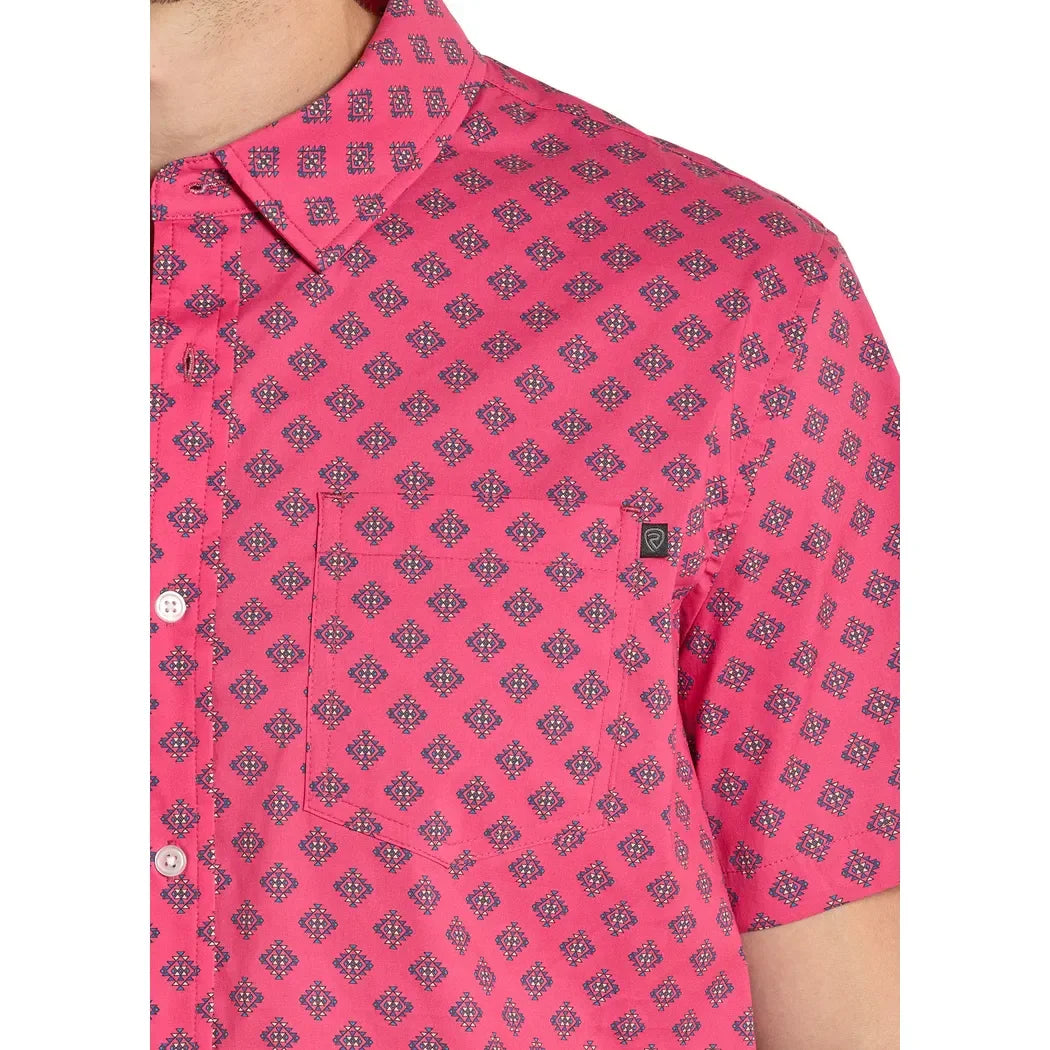 Men's Rock and Roll Pink Tek Western Aztec Print Short Sleeve Shirt BMB3S08405