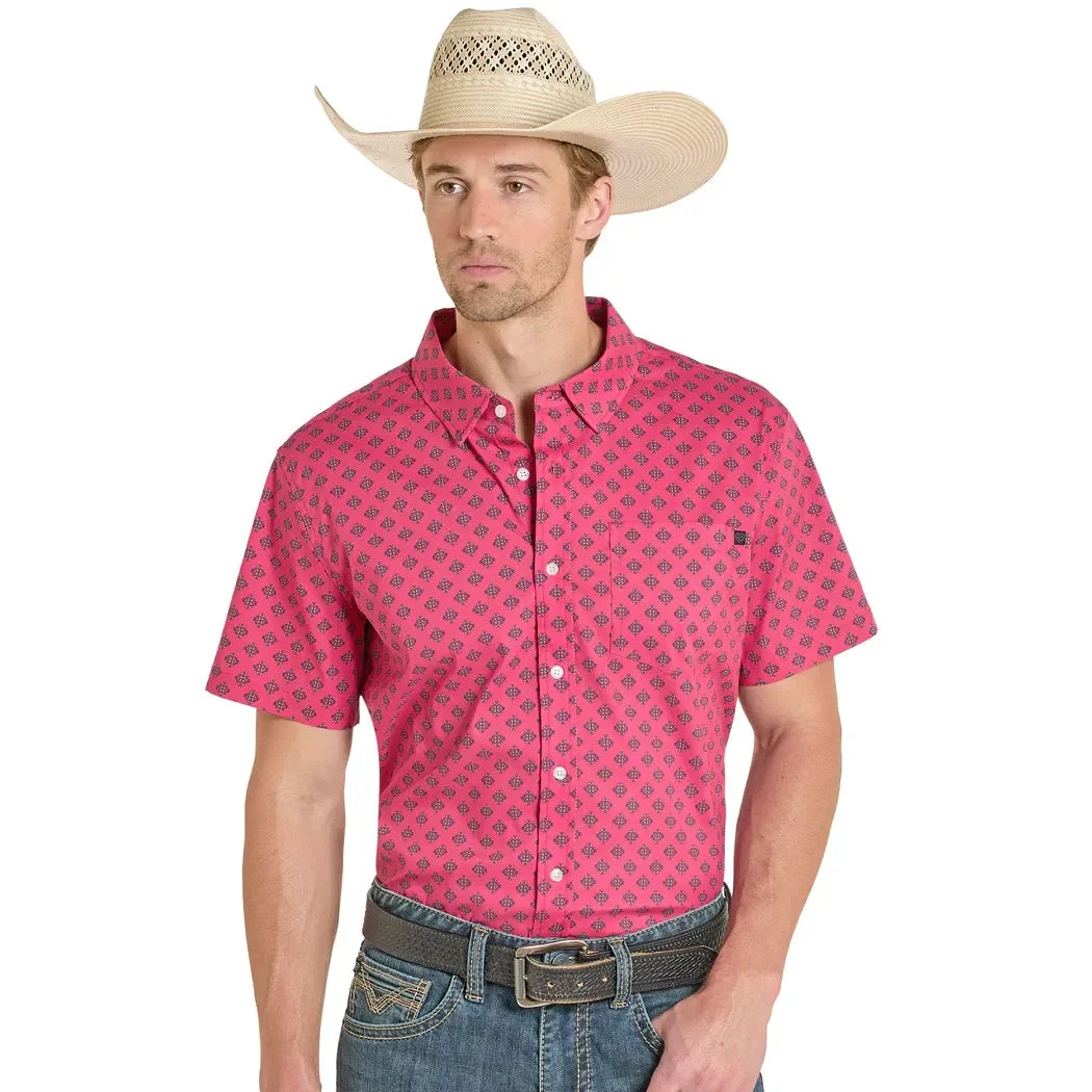 Men's Rock and Roll Pink Tek Western Aztec Print Short Sleeve Shirt BMB3S08405
