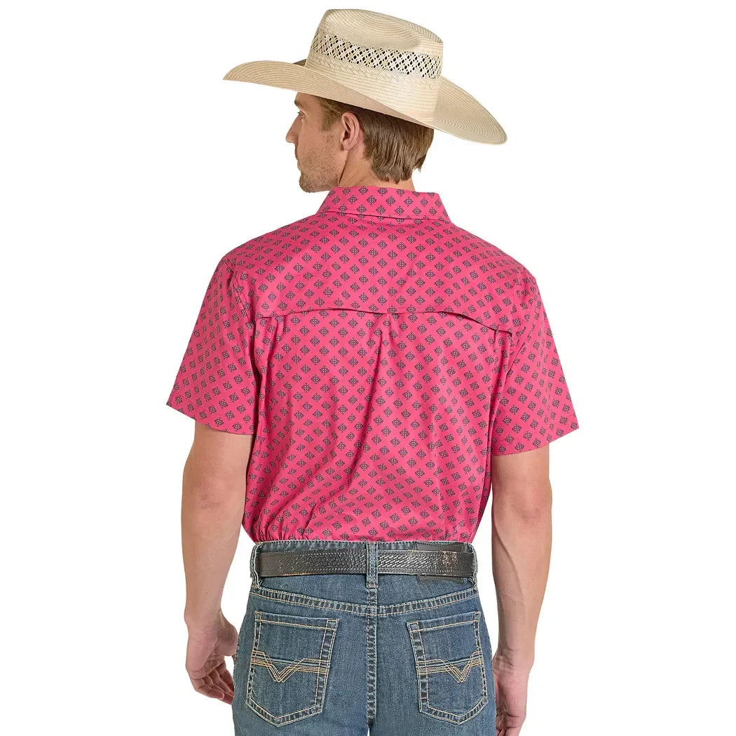 Men's Rock and Roll Pink Tek Western Aztec Print Short Sleeve Shirt BMB3S08405