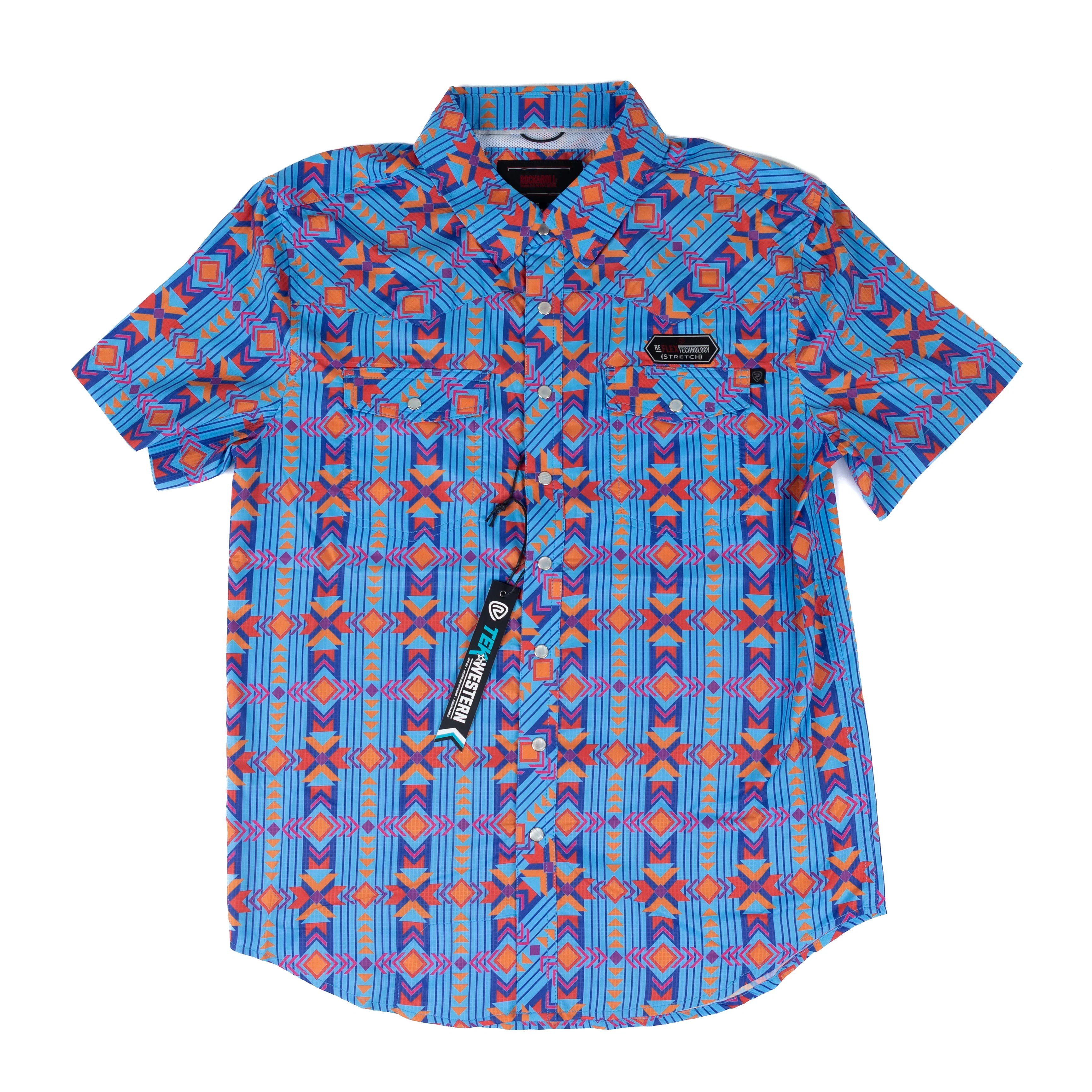 Men's Rock and Roll Short Sleeve Aztec Printed Snap Tek Western Shirt BMN3S08385