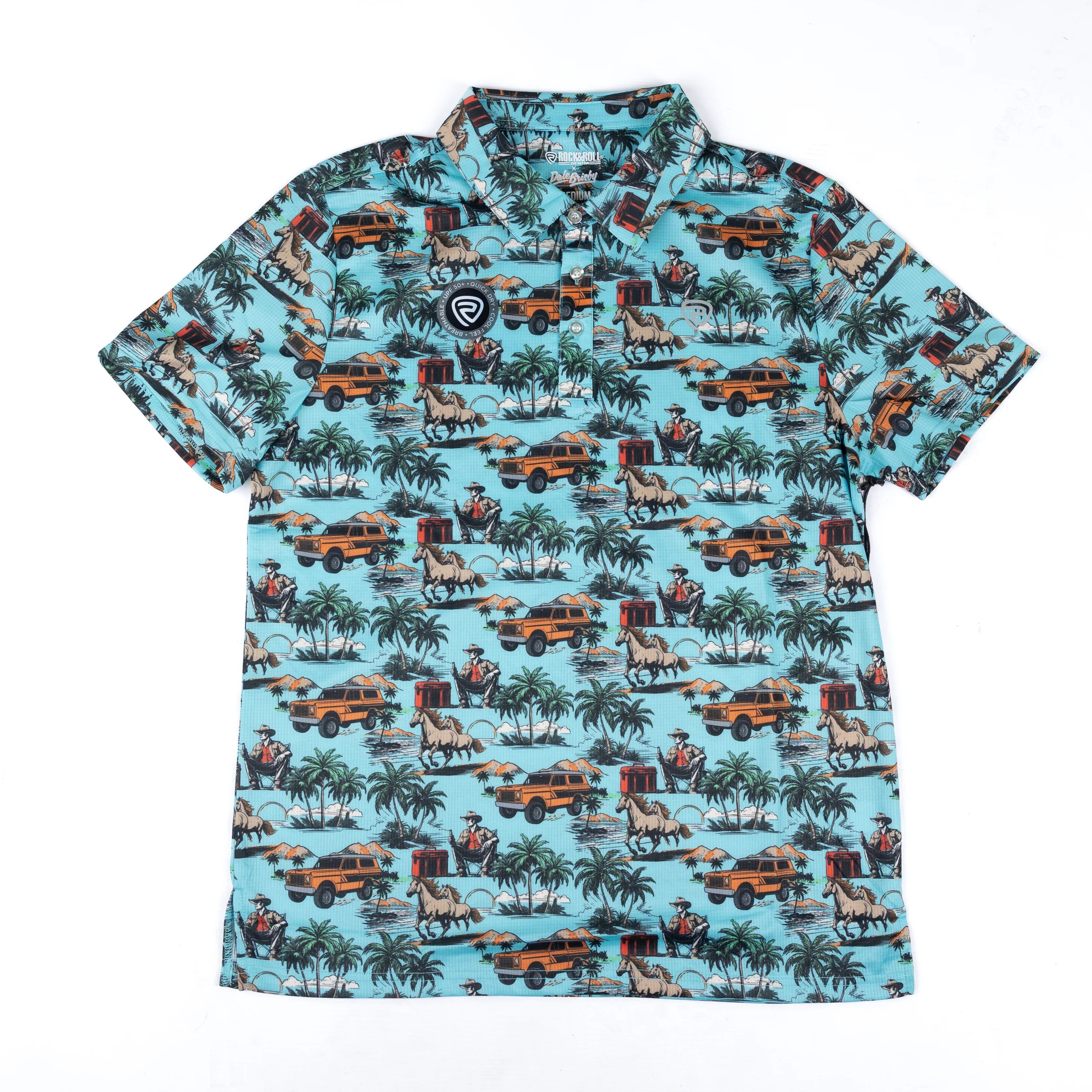 Men's Rock and Roll Short Sleeve Turquoise Novelty Printed Polo BM51T08736