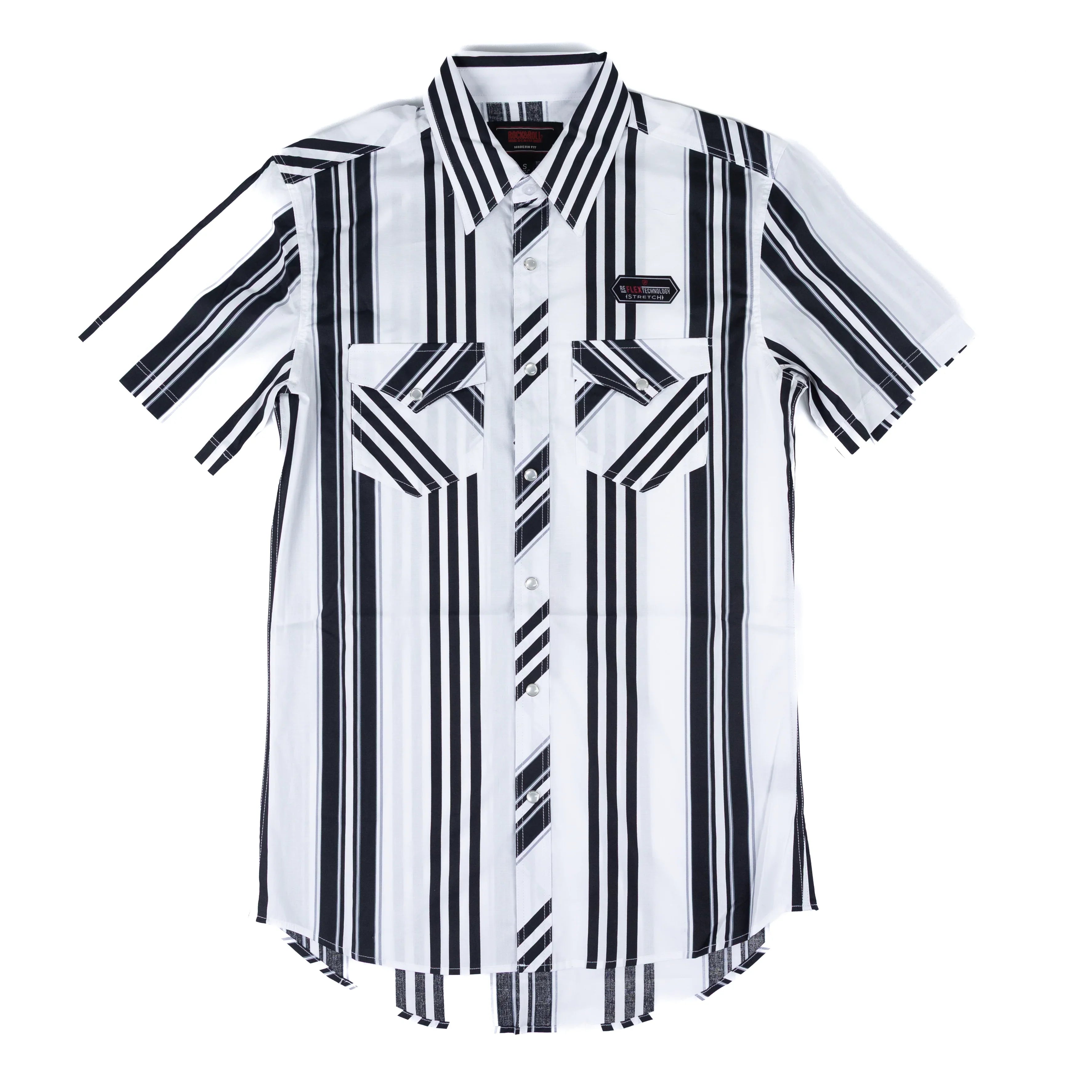 Men's Rock and Roll Slim Fit Black and White Striped Short Sleeve Snap Shirt BMN3S08303