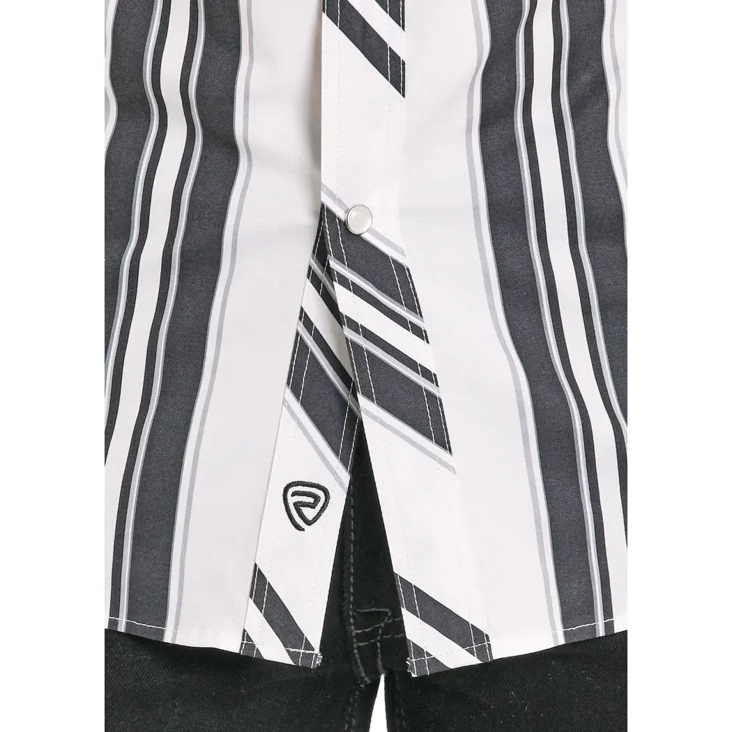Men's Rock and Roll Slim Fit Black and White Striped Short Sleeve Snap Shirt BMN3S08303