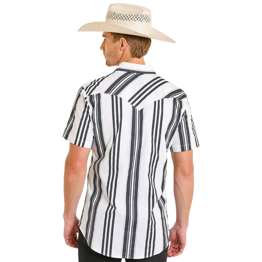 Men's Rock and Roll Slim Fit Black and White Striped Short Sleeve Snap Shirt BMN3S08303