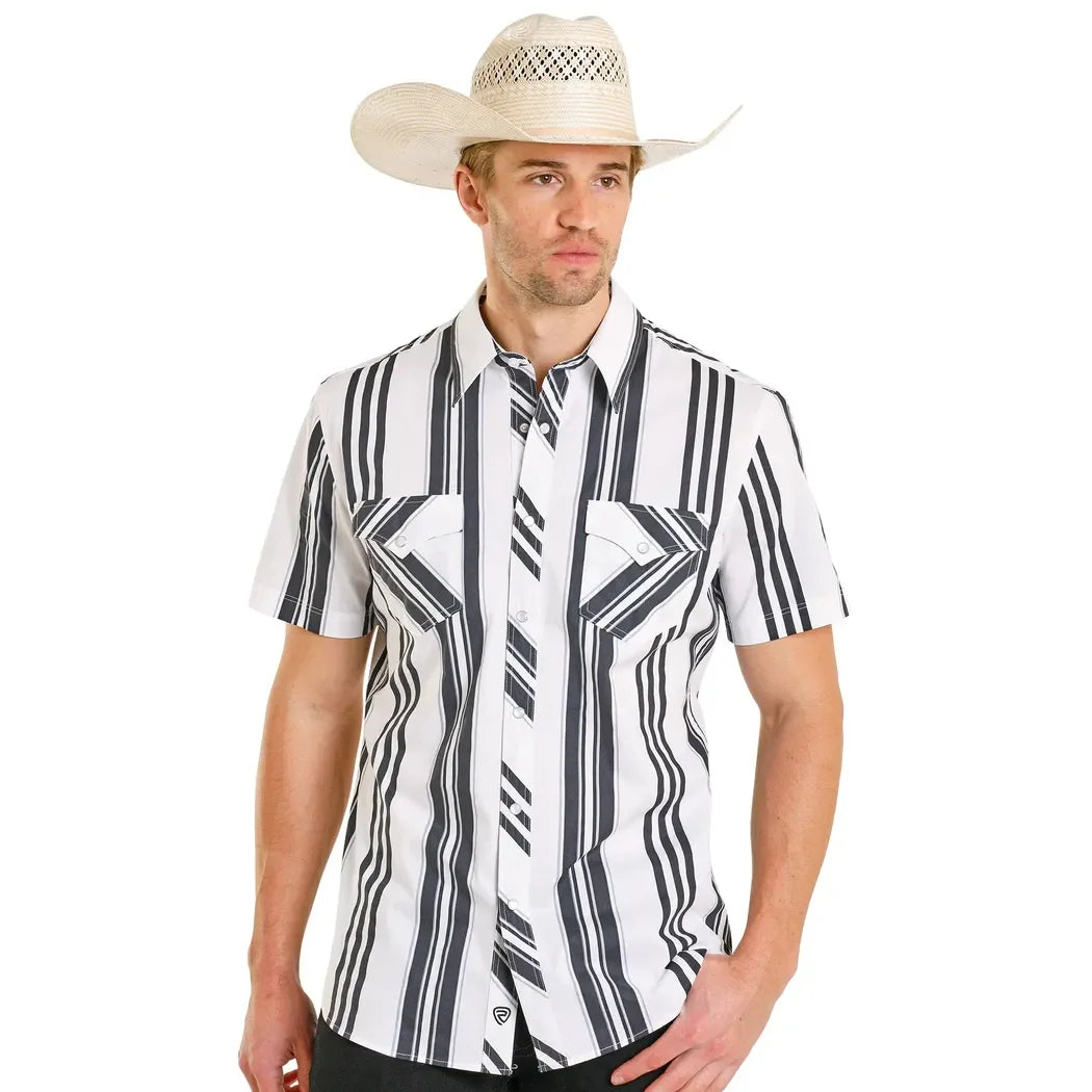 Men's Rock and Roll Slim Fit Black and White Striped Short Sleeve Snap Shirt BMN3S08303