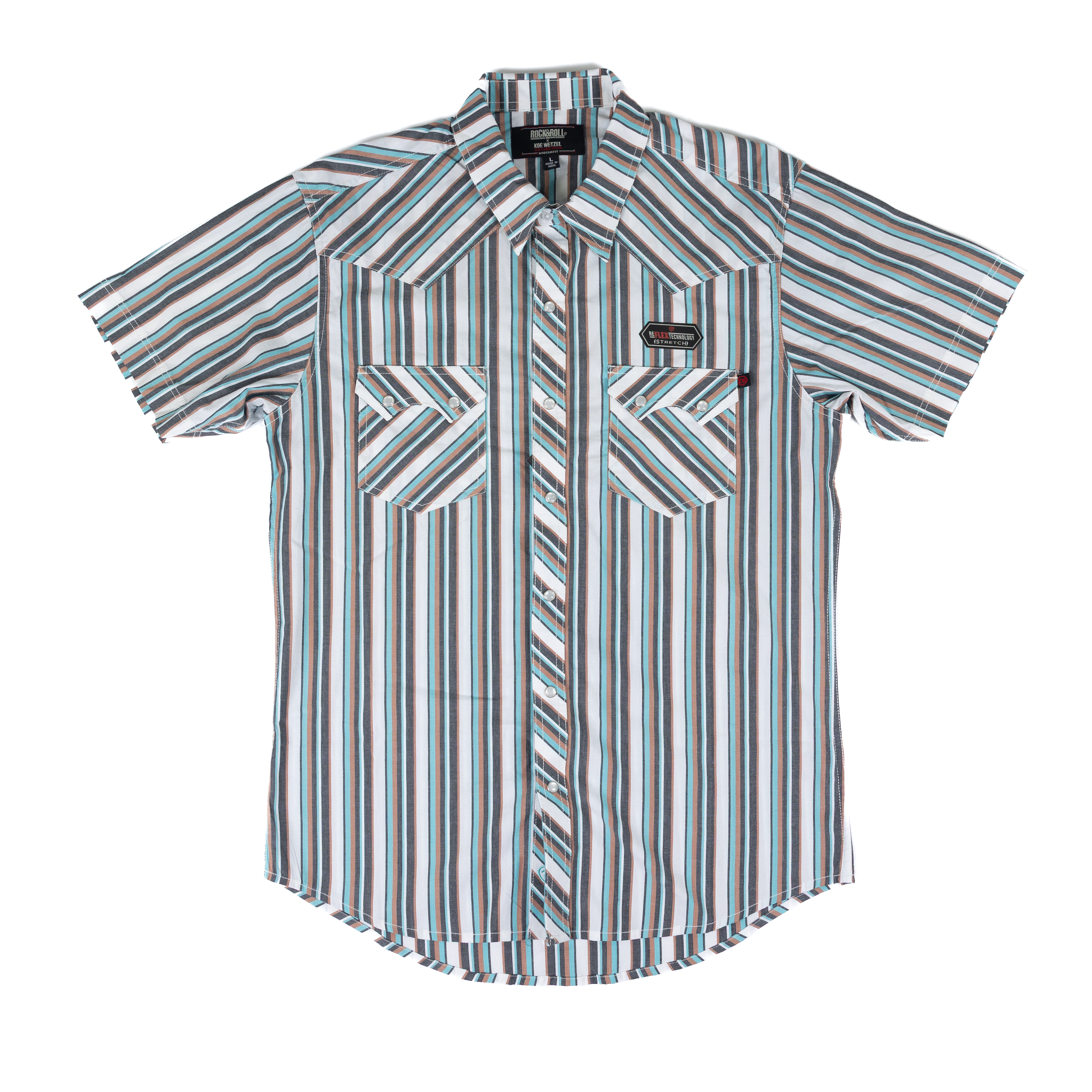 Men's Rock and Roll X Koe Wetzel Short Sleeve Turquoise Stripe Pearl Snap BMN3S09067