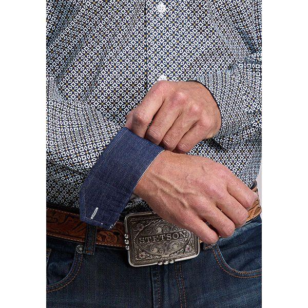 Men's Stetson Blue Navy Geo Print Long Sleeve Button Down Shirt 11-001-0526-2008