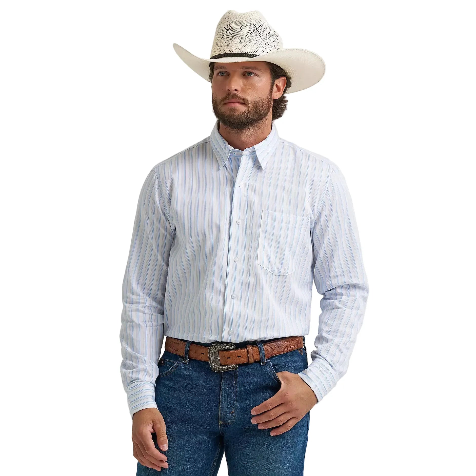 Men's Wrangler Azure Stripes Cody Johnson One Pocket Button Down Shirt 112374488