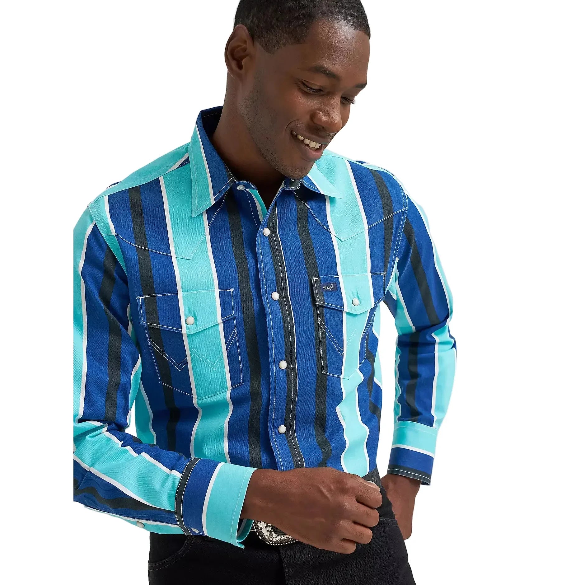 Men's Wrangler Cobalt Storm Vintage-Inspired Brushpopper Western Snap Work Shirt 112379229
