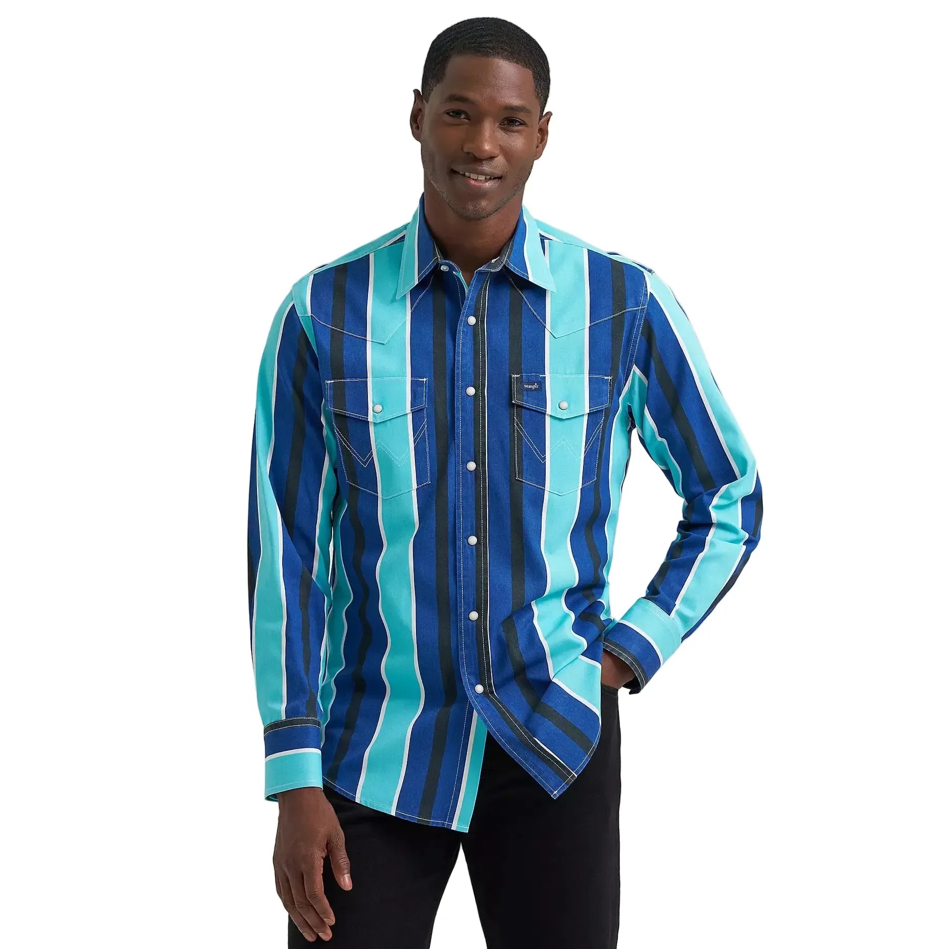 Men's Wrangler Cobalt Storm Vintage-Inspired Brushpopper Western Snap Work Shirt 112379229