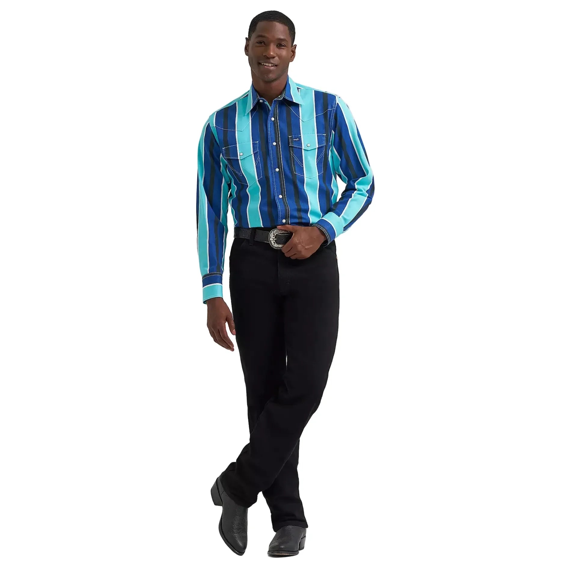 Men's Wrangler Cobalt Storm Vintage-Inspired Brushpopper Western Snap Work Shirt 112379229