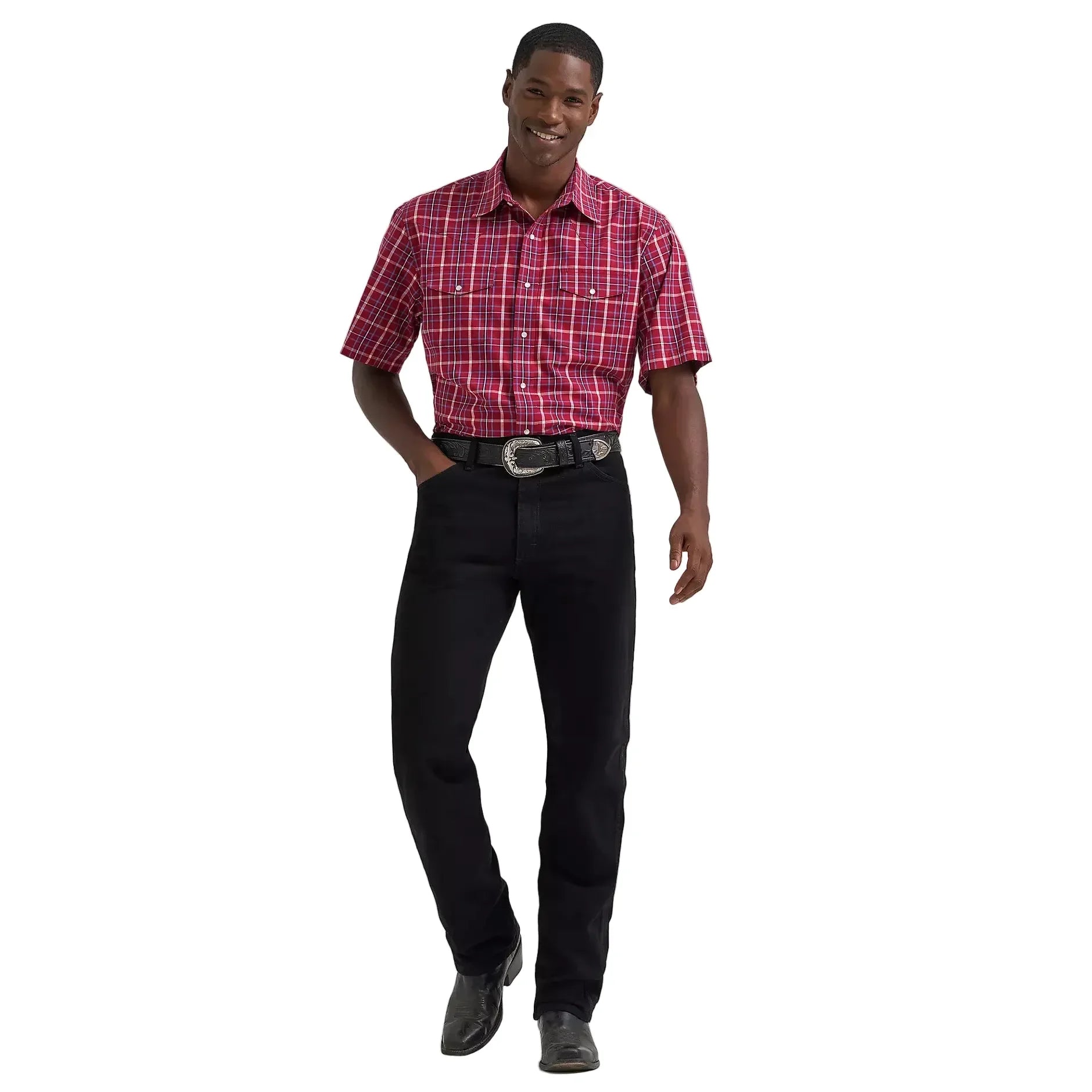 Men's Wrangler Deep Cherry Wrinkle Resist Short Sleeve Western Snap Shirt 112374878