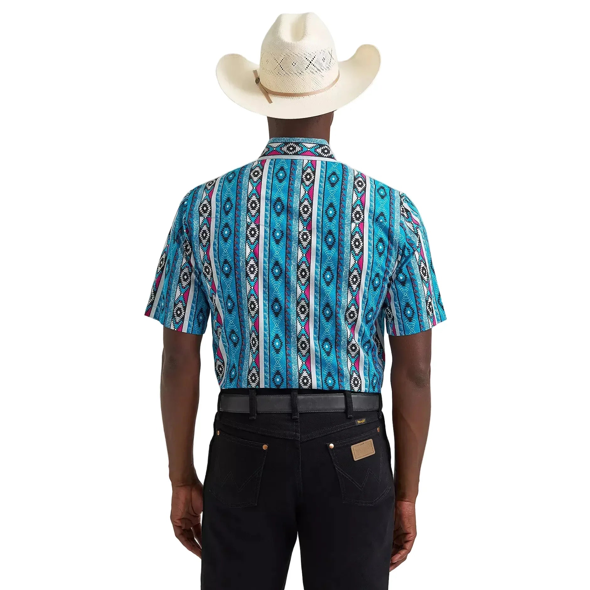 Men's Wrangler Dialed Up Blue Checotah Short Sleeve Western Snap Shirt 112379227