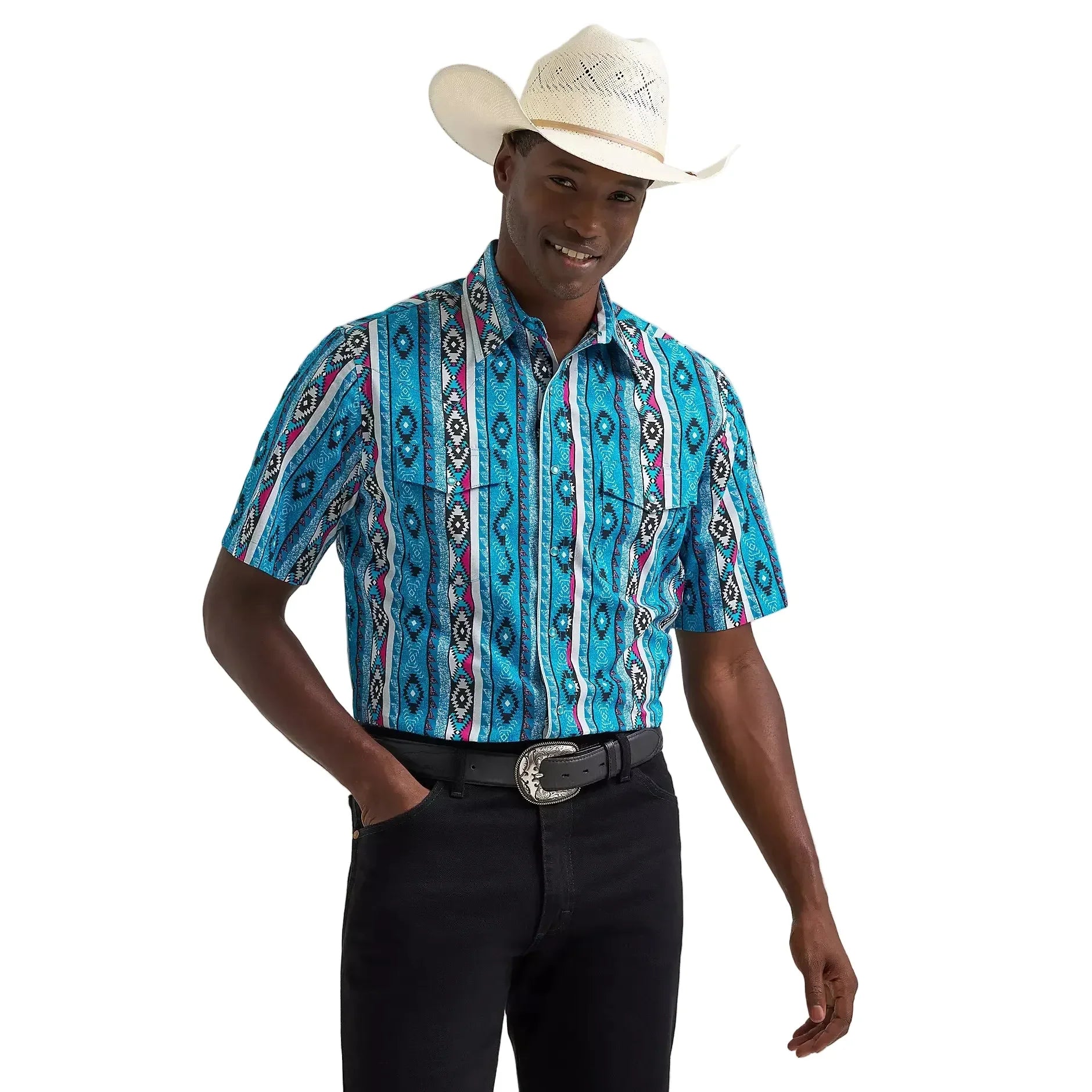 Men's Wrangler Dialed Up Blue Checotah Short Sleeve Western Snap Shirt 112379227