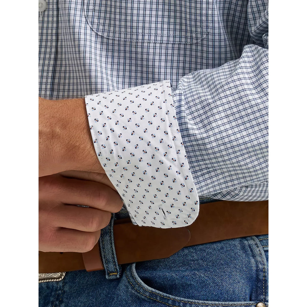 Men's Wrangler® George Strait™ Baby Blue Check Long Sleeve Button Down Two Pocket Shirt 112374605