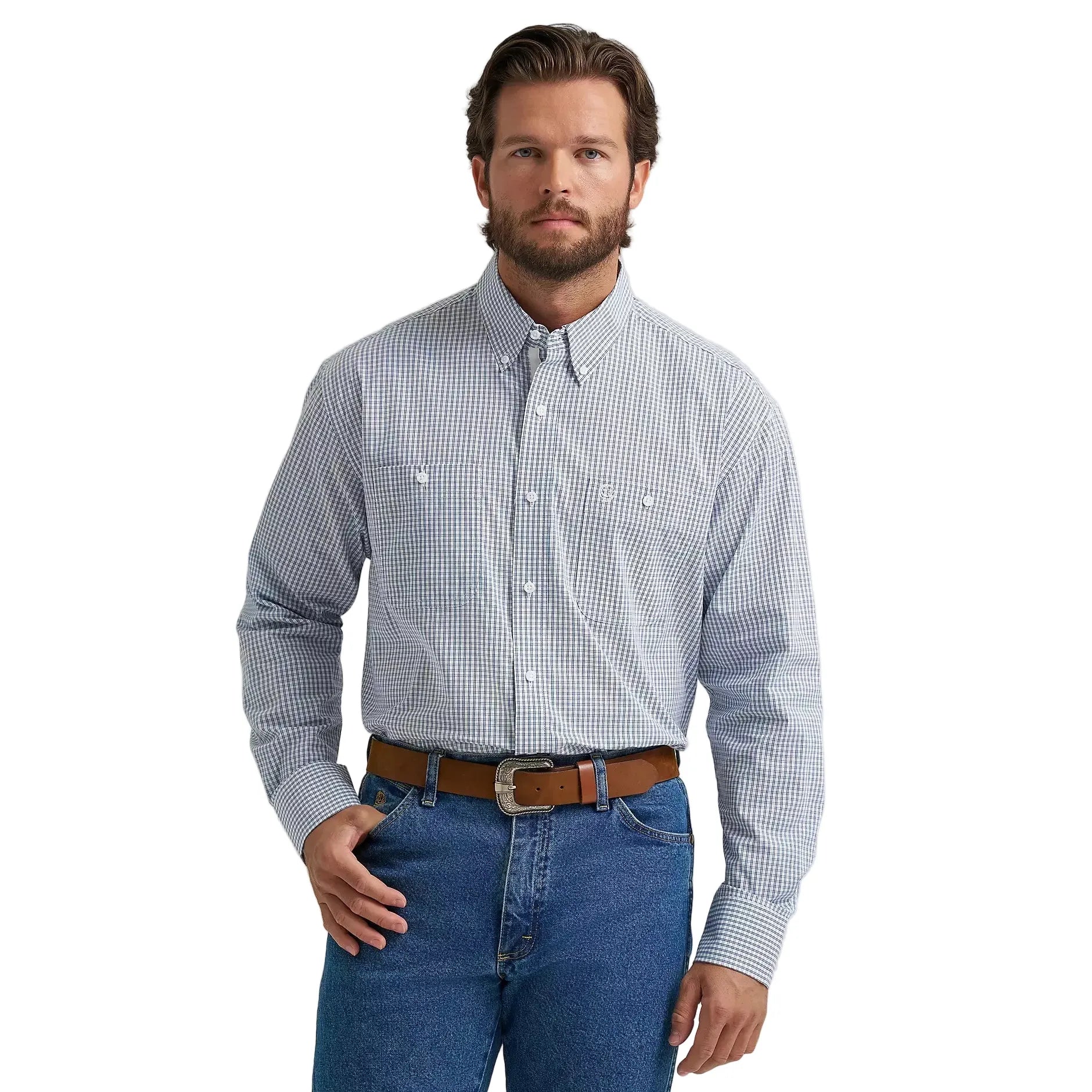 Men's Wrangler® George Strait™ Baby Blue Check Long Sleeve Button Down Two Pocket Shirt 112374605