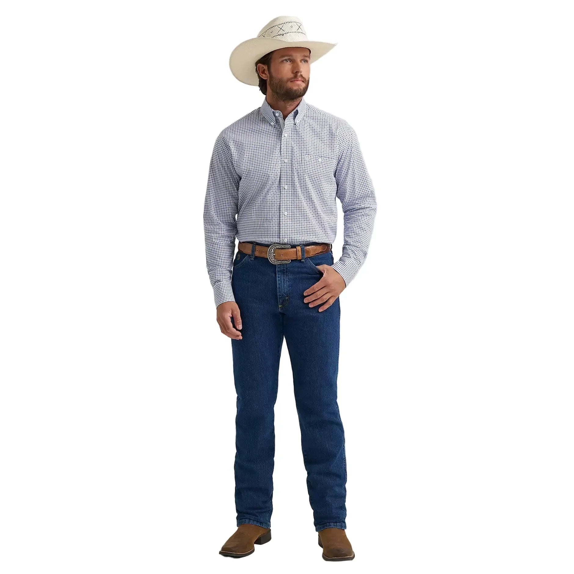 Men's Wrangler George Strait Blue Windows Long Sleeve Button Dow112379062