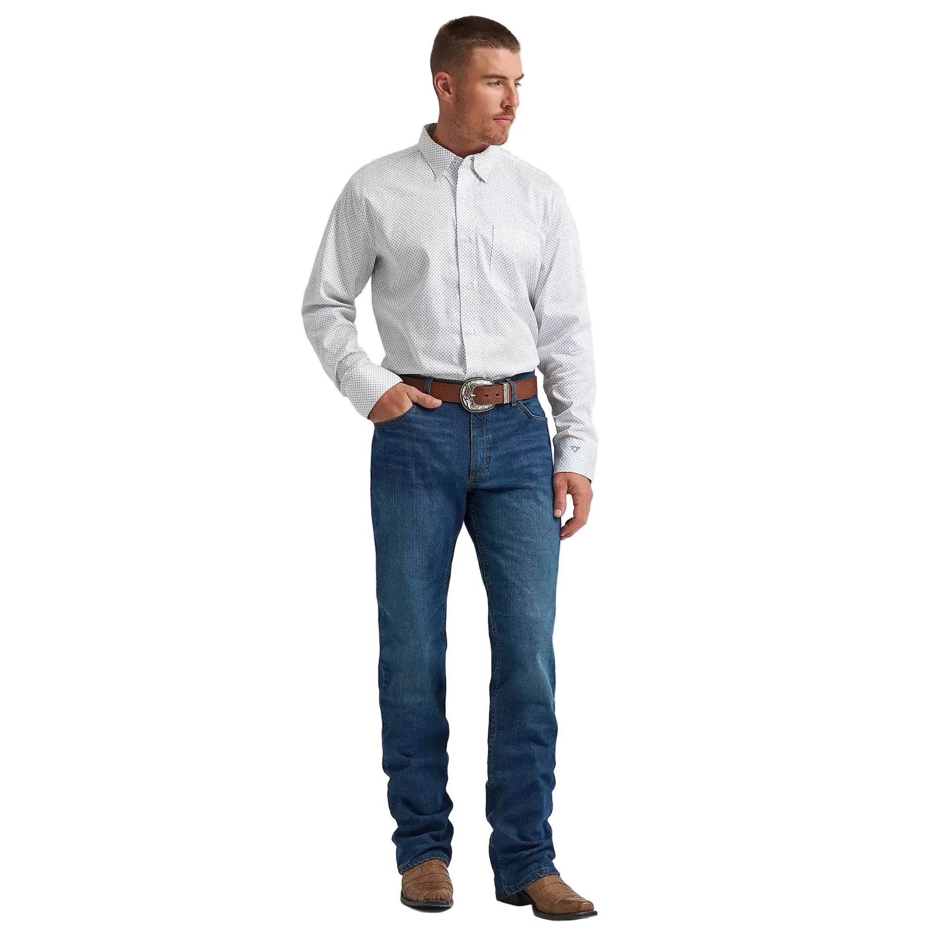 Men's Wrangler® George Strait™ Peachy Plaid Long Sleeve Button Down One Pocket Shirt 112374610