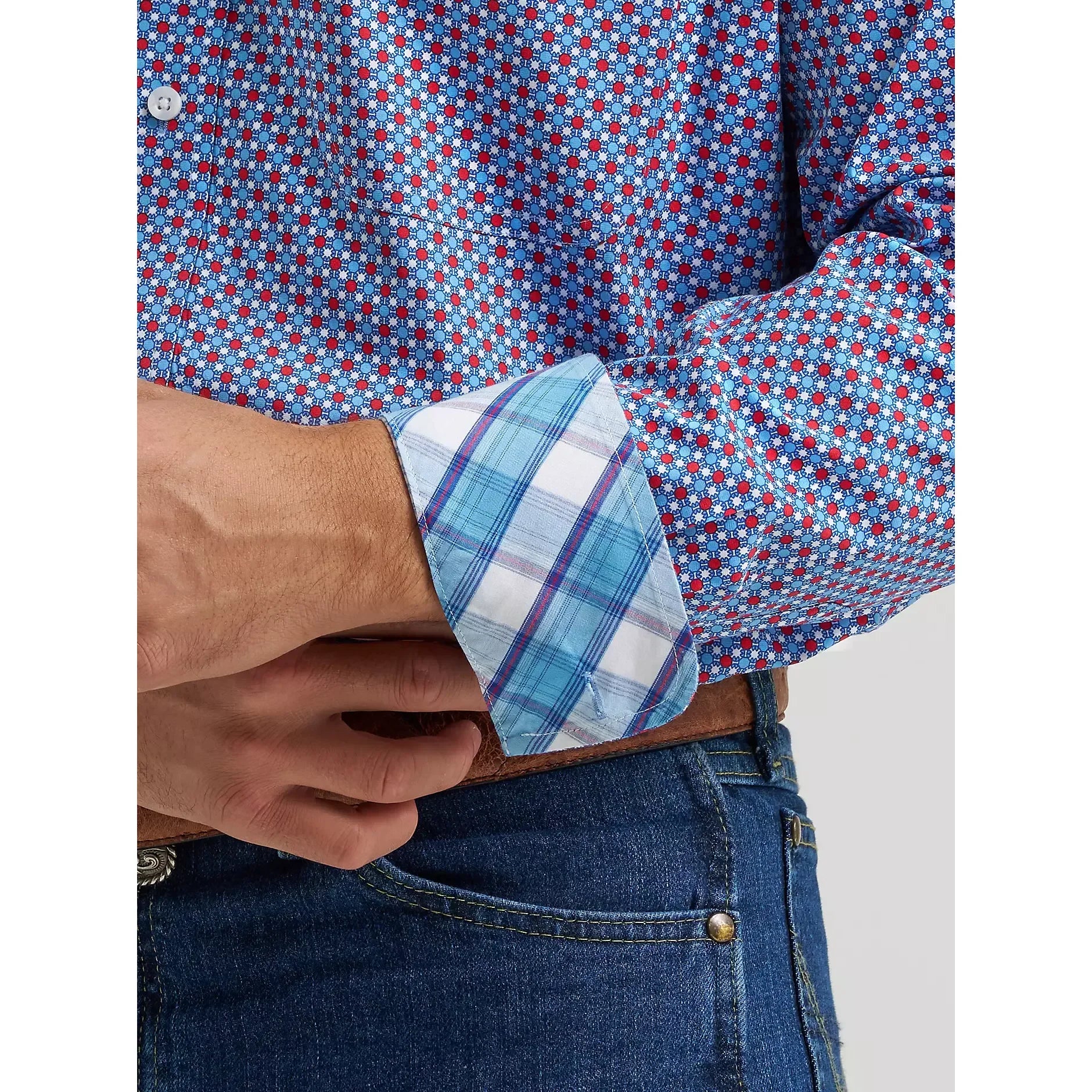 Men's Wrangler George Strait Red Blue Sparks Long Sleeve Button Down Two Pocket Shirt 112379064