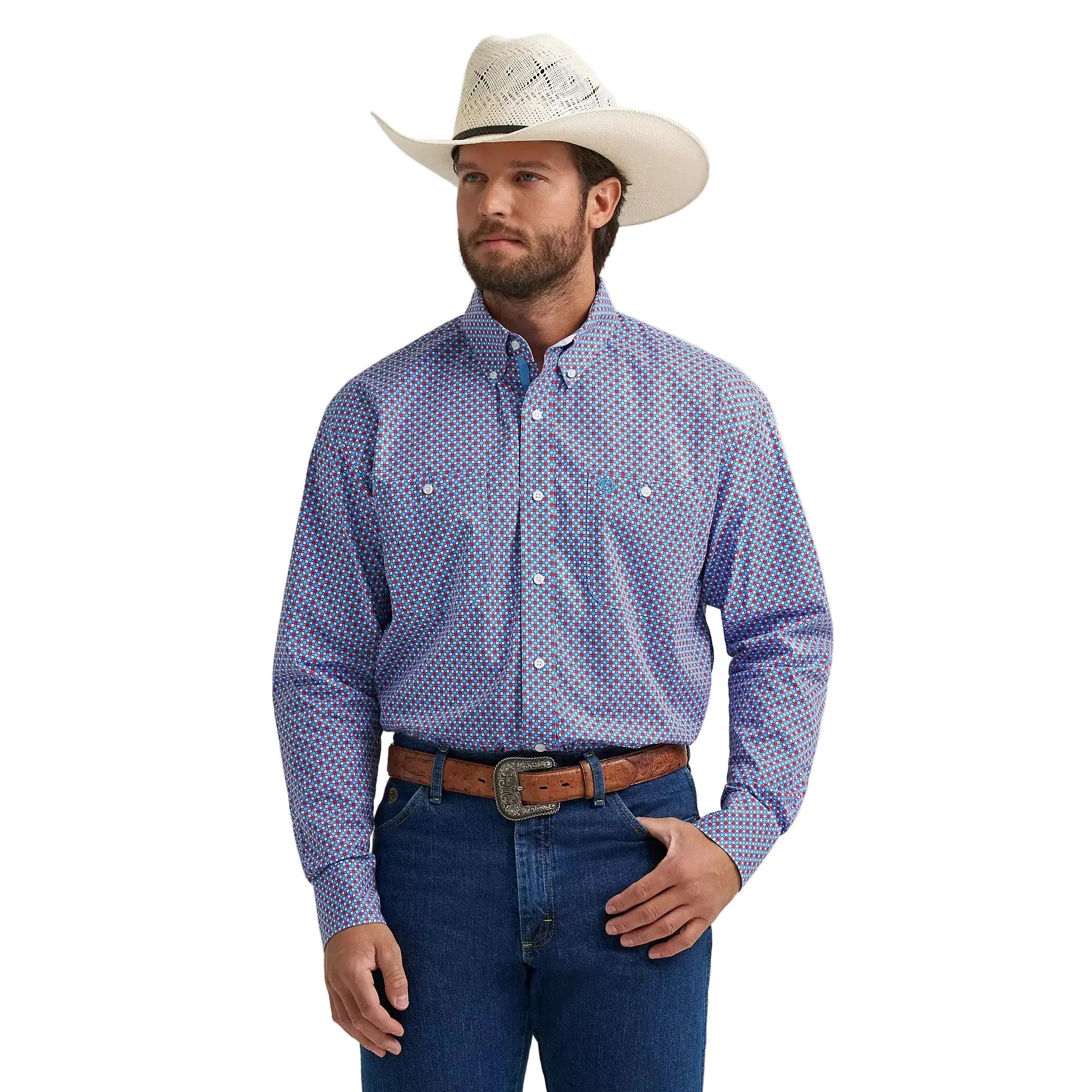Men's Wrangler George Strait Red Blue Sparks Long Sleeve Button Down Two Pocket Shirt 112379064