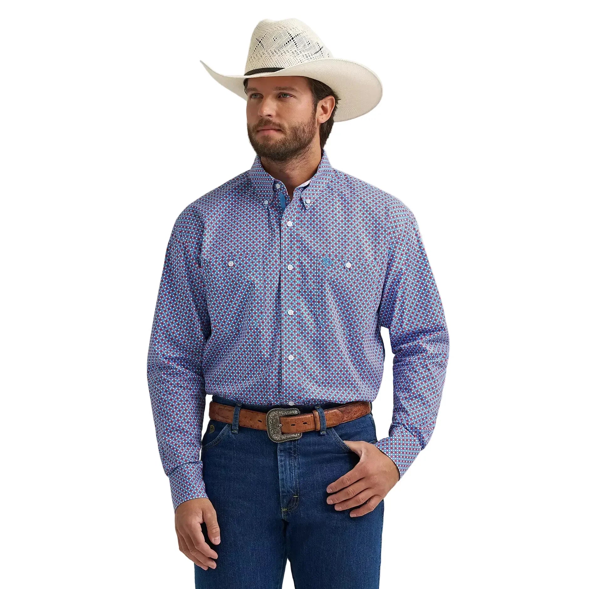 Men's Wrangler George Strait Red Blue Sparks Long Sleeve Button Down Two Pocket Shirt 112379064