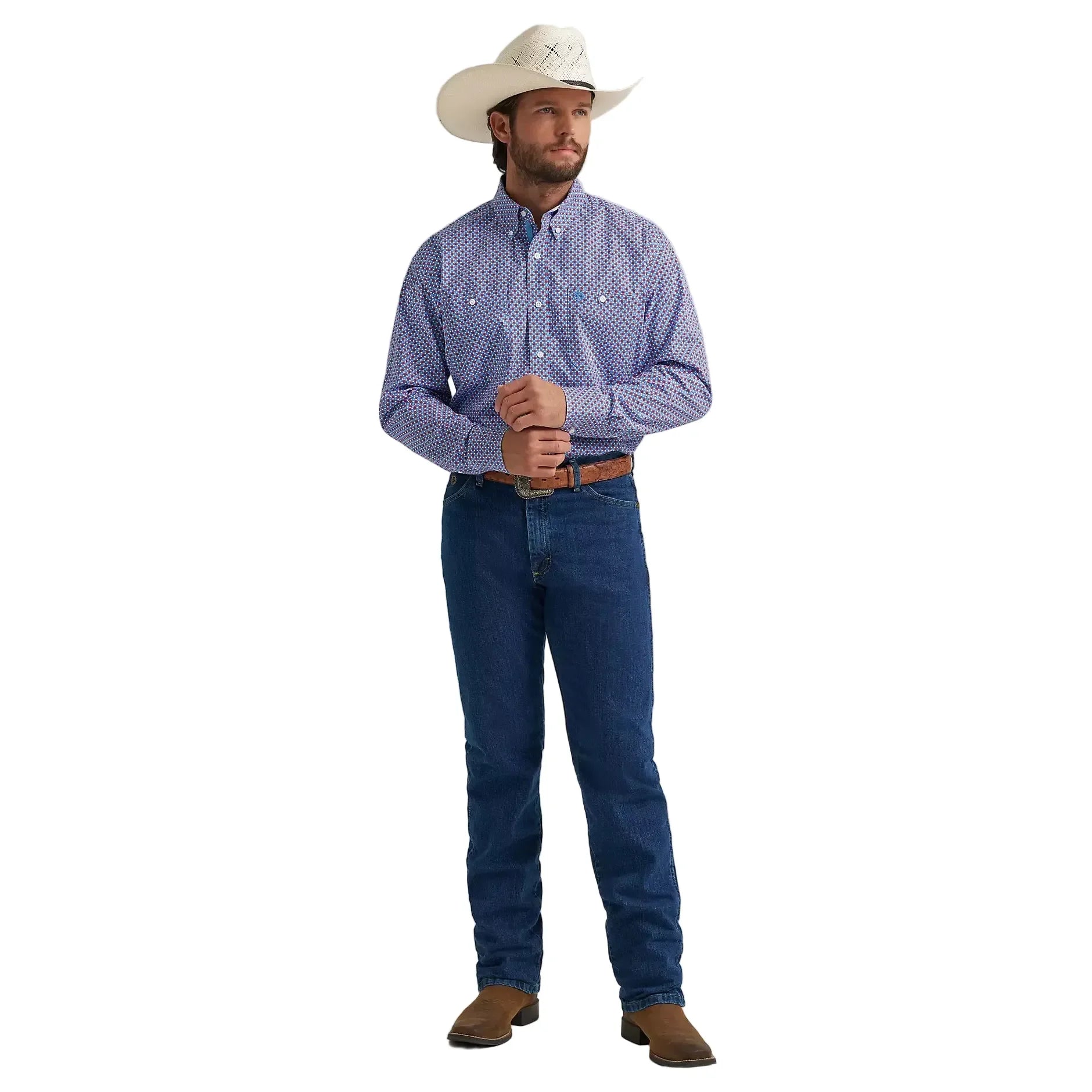 Men's Wrangler George Strait Red Blue Sparks Long Sleeve Button Down Two Pocket Shirt 112379064