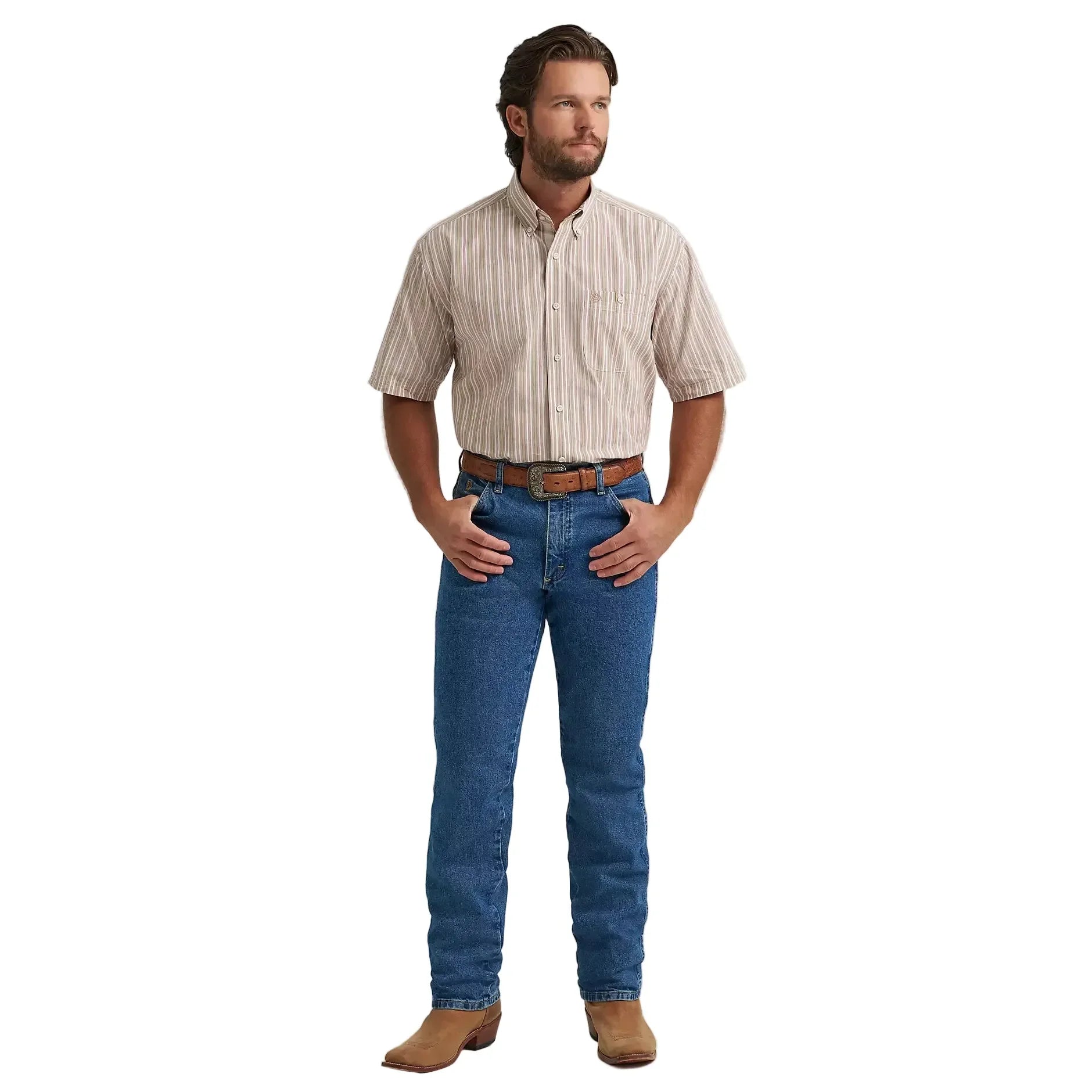 Men's Wrangler George Strait Sand Stripes Short Sleeve One Pocket Button Down Shirt 112379066