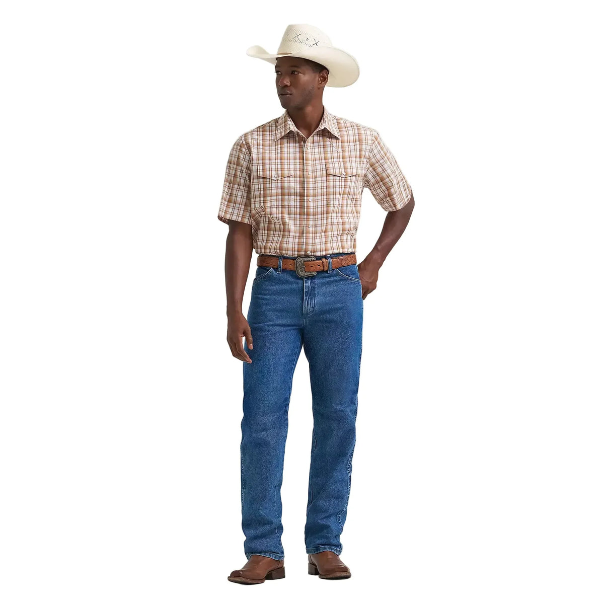 Men's Wrangler Hay Brown Wrinkle Resist Short Sleeve Western Snap Shirt 112374892