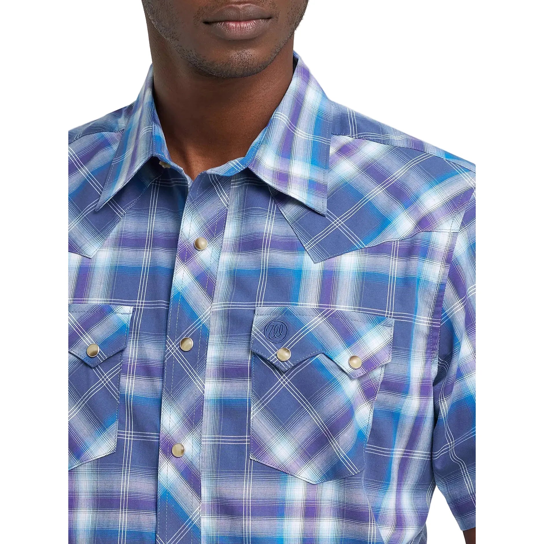 Men's Wrangler Navy Orchid Retro Short Sleeve Sawtooth Pocket Western Shirt 112374756