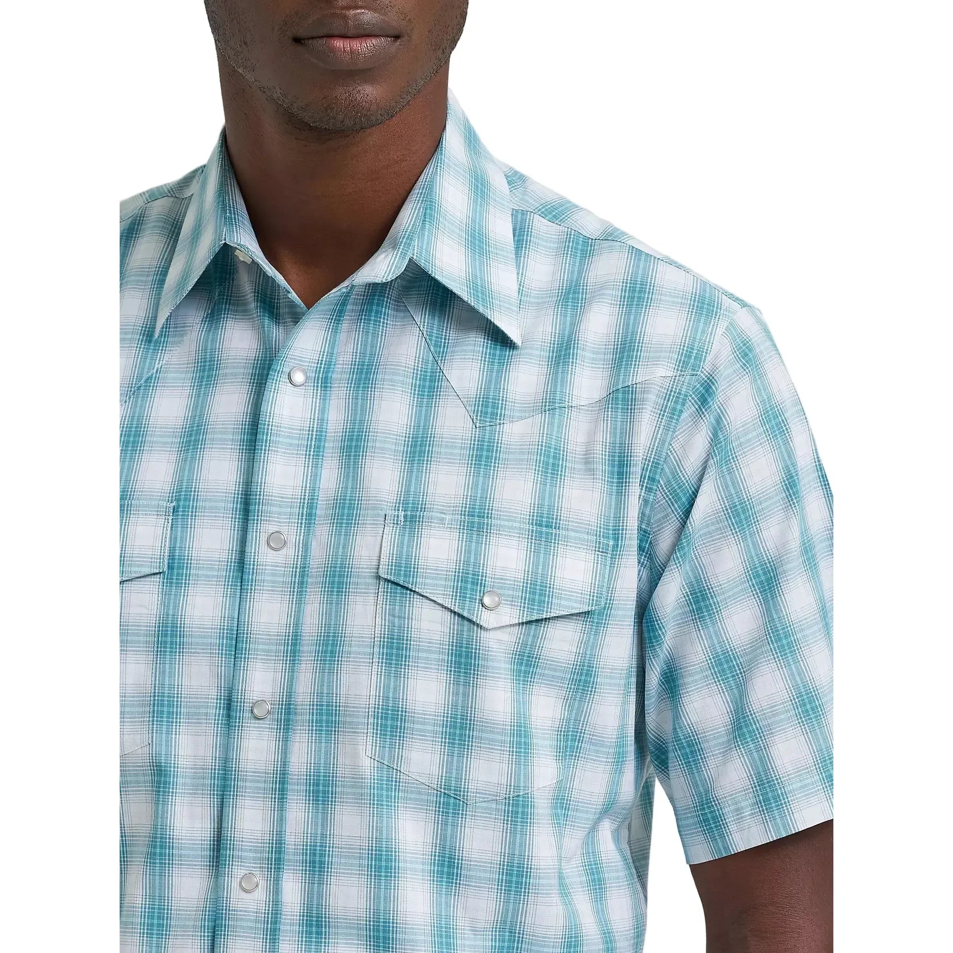 Men's Wrangler Pale Teal Wrinkle Resist Short Sleeve Western Snap Plaid Shirt 112379029