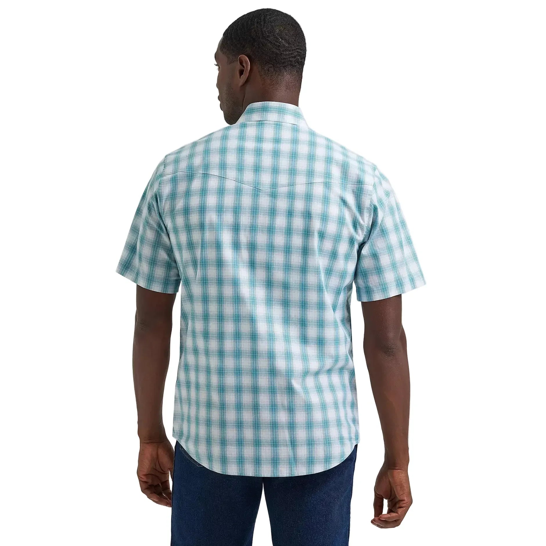 Men's Wrangler Pale Teal Wrinkle Resist Short Sleeve Western Snap Plaid Shirt 112379029