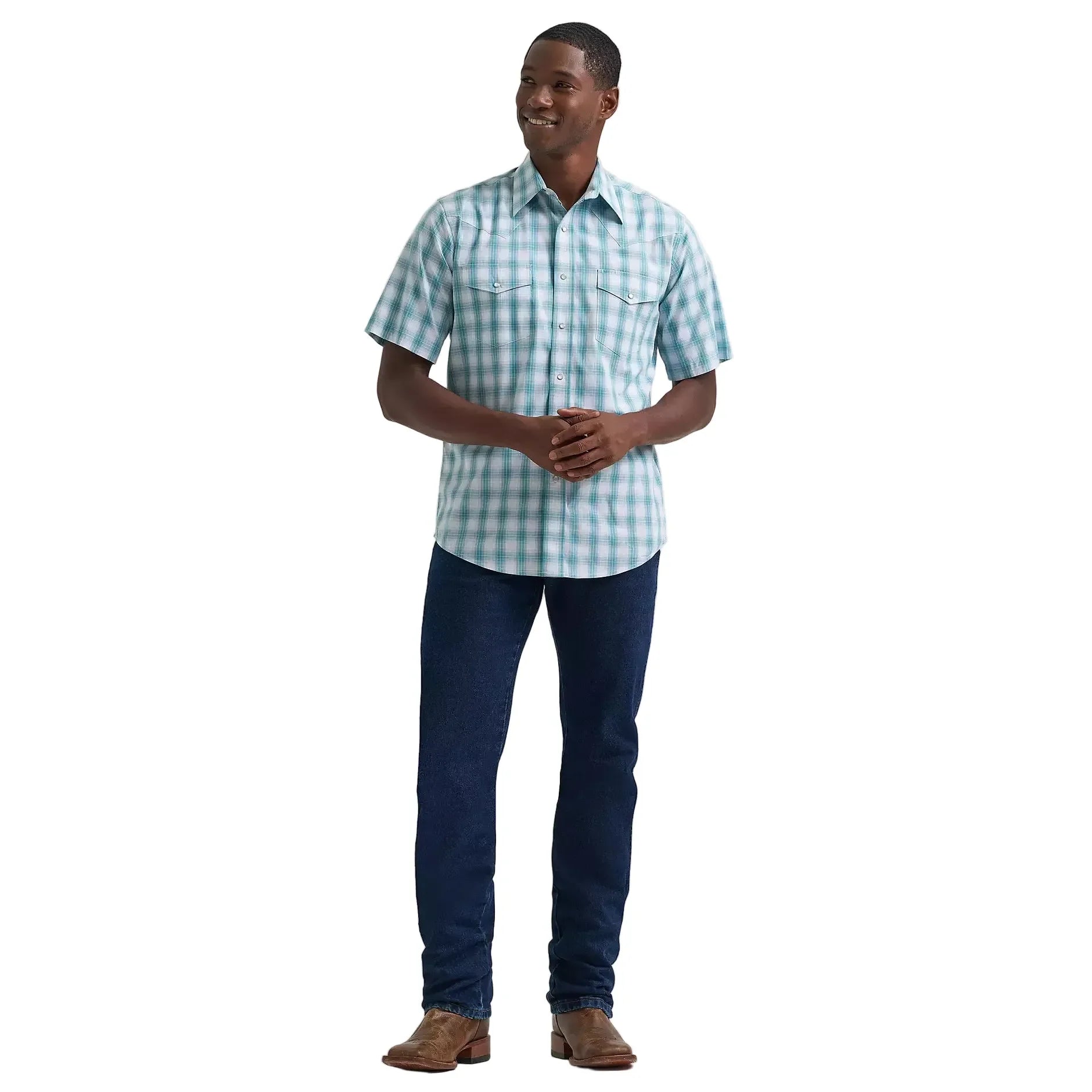 Men's Wrangler Pale Teal Wrinkle Resist Short Sleeve Western Snap Plaid Shirt 112379029